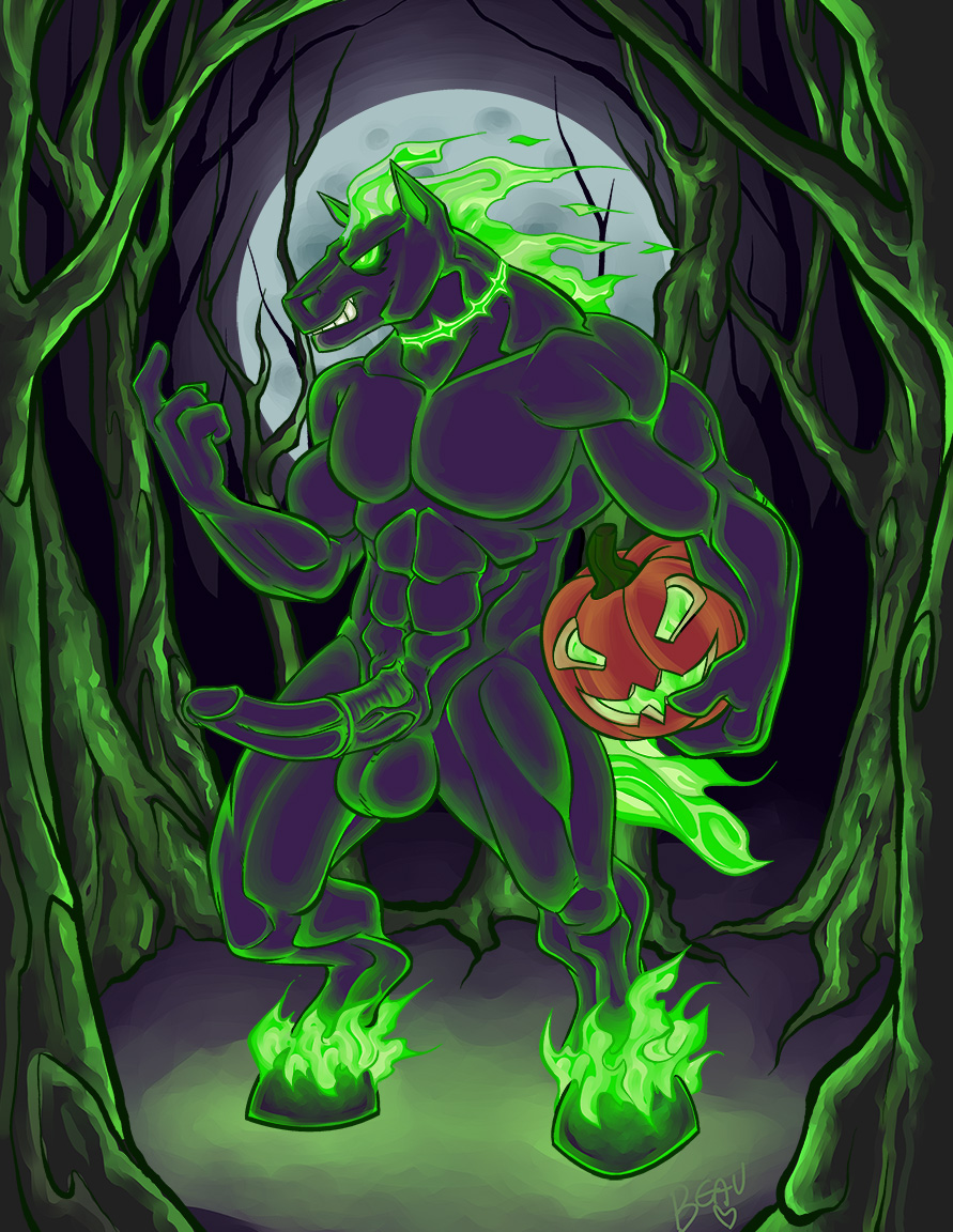 abs balls biceps demon equine fire full-length_portrait full_length green_flames halloween holidays horse horsecock lapinbeau male male_only muscles pecs penis portrait pumpkin solo standing