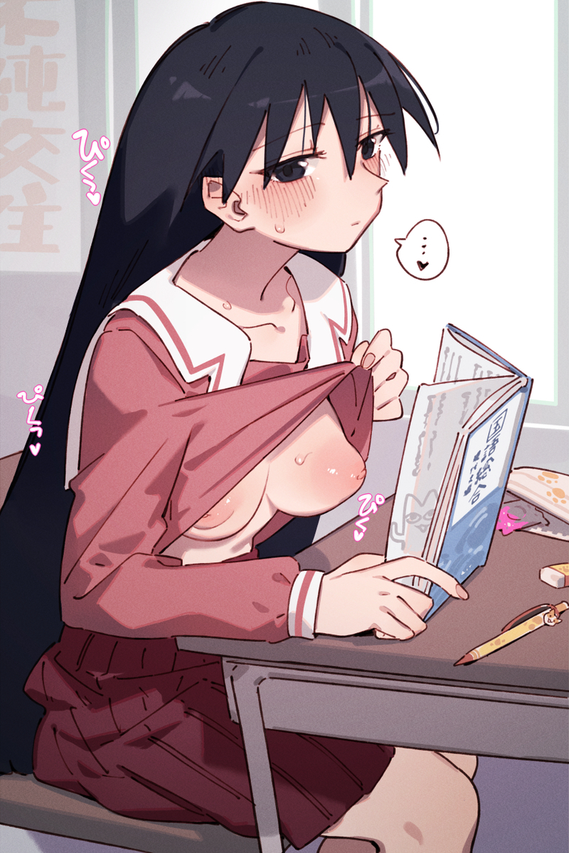 aerolae, azumanga daioh, azumanga daiou, bangs, black eyes, black hair, blushing, chiyo chichi, cute, flashing, flashing breasts, long hair, nipples, pixiv, public exposure, reading book, sakaki, school, school desk, school nudity, school uniform, schoolgirl, schoolgirl uniform, sitting at desk, sitting on chair, skirt, text, text bubble, translation request