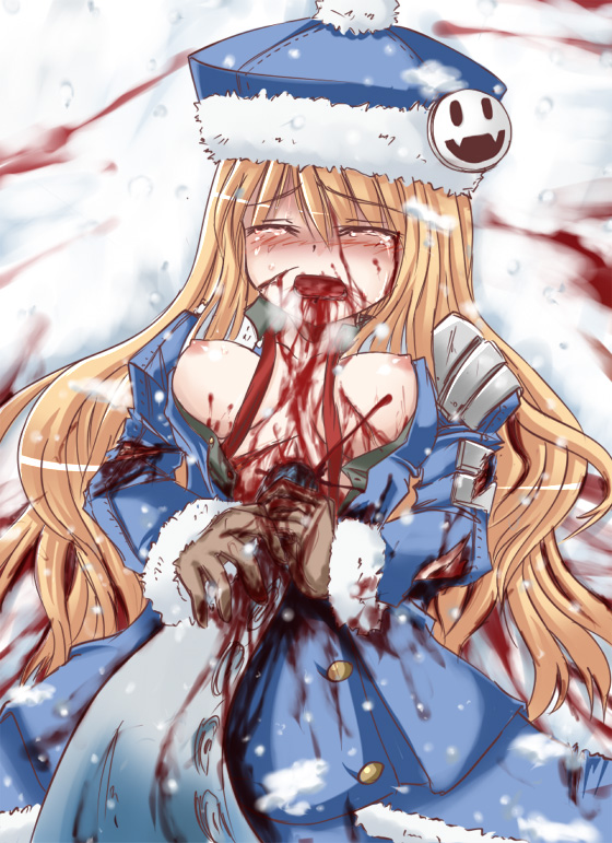 armor blonde_hair blood breasts closed_eyes clothing crying crying_with_eyes_closed etrian_odyssey gore gunner guro hat long_hair lying medium_breasts open_mouth pain ryona sekaiju_no_meikyuu shimo_(depthbomb) snow tears tears_of_pain