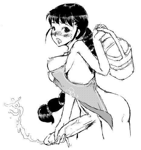 apron black_hair blush cum ejaculation futanari intersex lowres masturbation monochrome penis