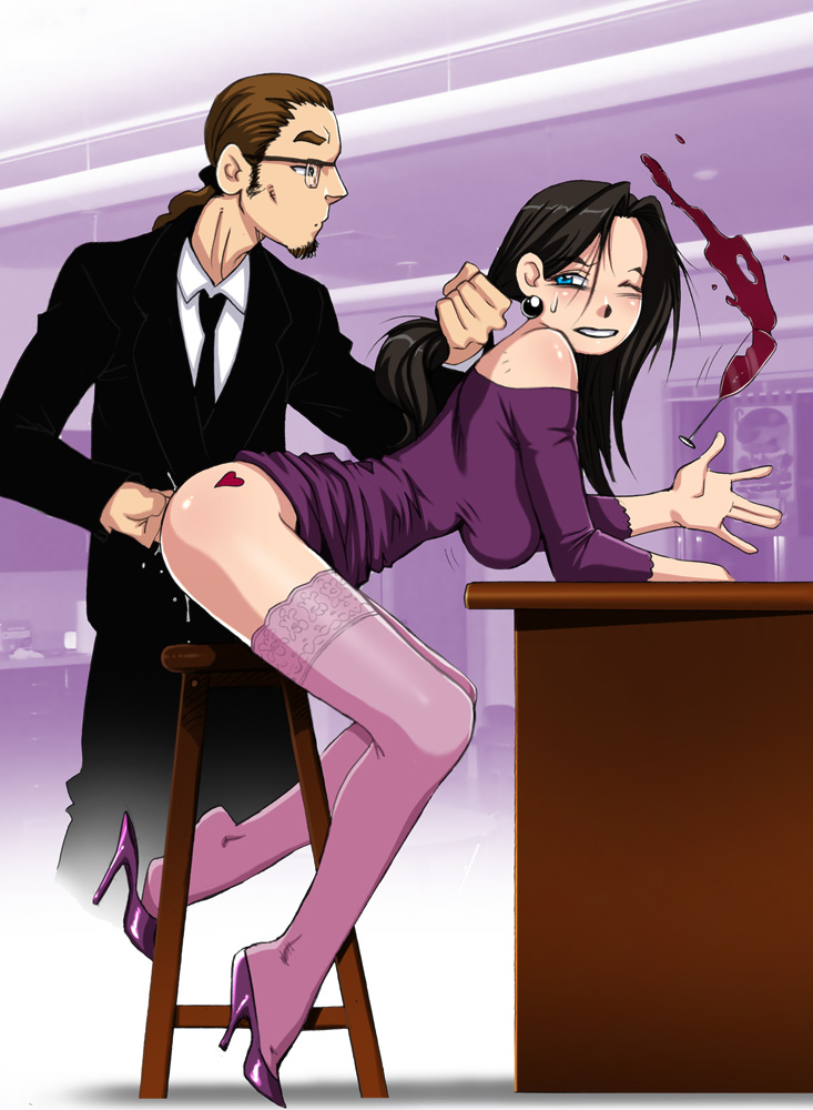 black_hair blue_eyes earrings female fingering hair_pull high_heels male melkor_mancin no_panties pussy_juice sketch stockings suit surprised tattoo thighhighs upskirt wine