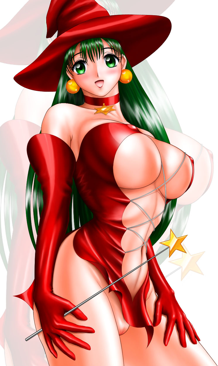 breasts cameltoe choker earrings female gloves green_eyes green_hair hat highres jewelry long_hair smile underboob wand witch
