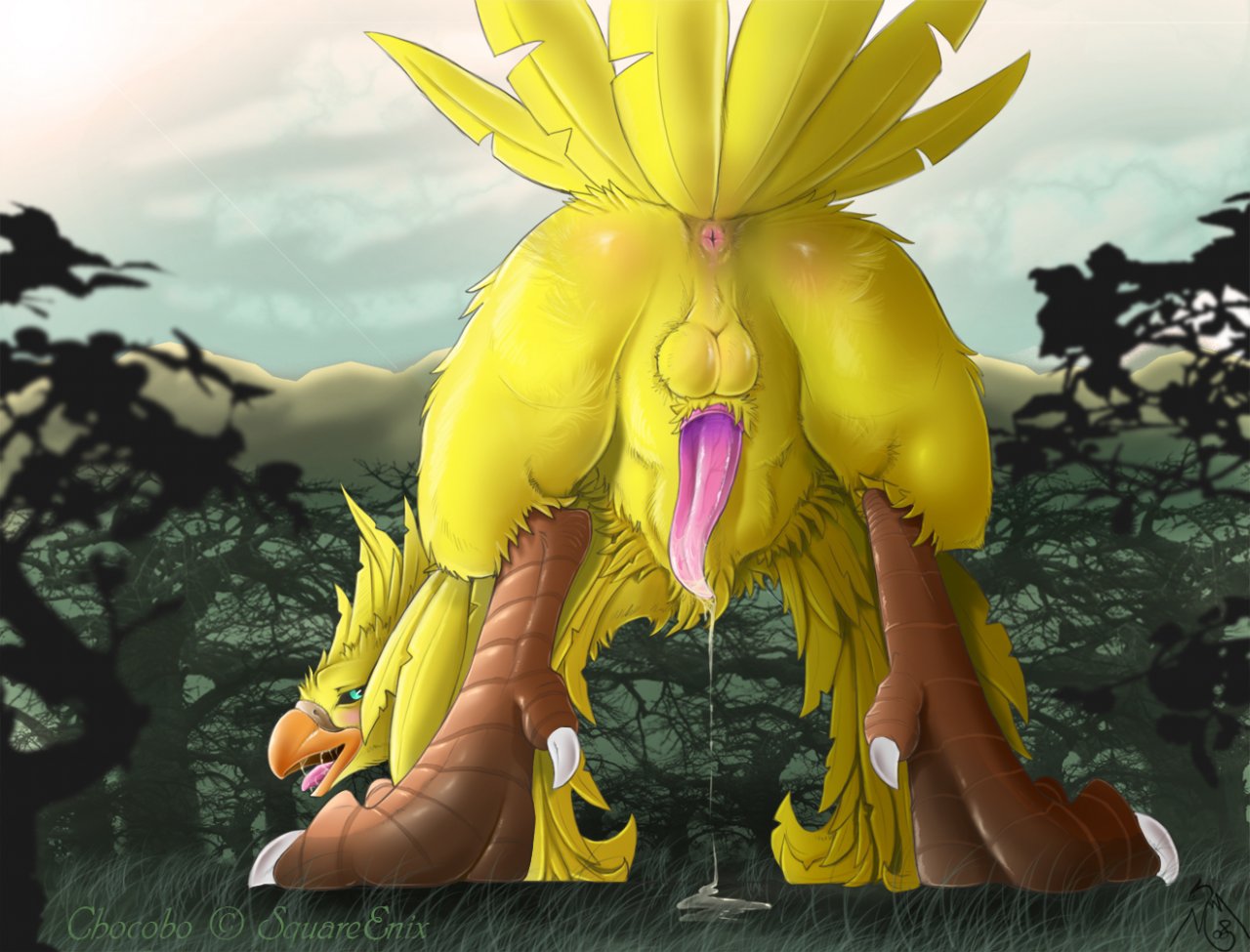 1boy anus ass beak bent_over bird blush chocobo claws cum cumdrip final_fantasy furry looking_back male male_only narse naughty_face presenting saliva solo