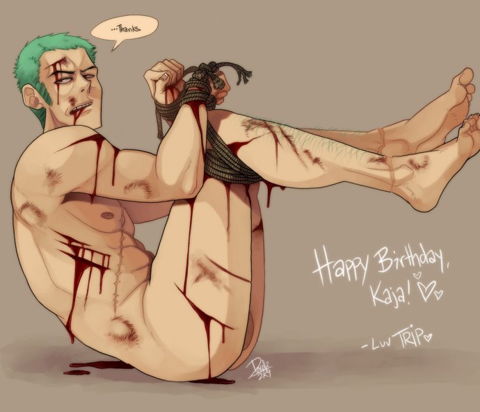 beige_skin black_eyes blood body_hair bondage bruise color cuts dialogue english_text feet gore green_hair hairy_legs human injury male male_only nude one_piece open_eyes open_mouth restrained rope roronoa_zoro scar short_hair sitting solo straight_hair text