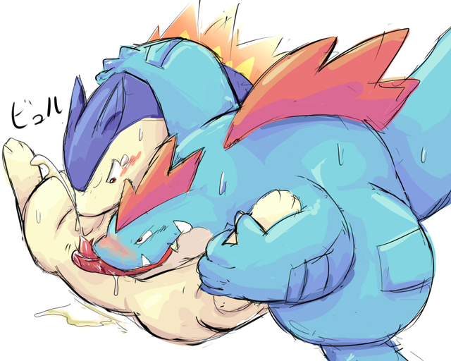 blush fellatio feraligatr furry male oral pokemon pokemon_(species) pokemon_gsc straight_hair typhlosion white_background
