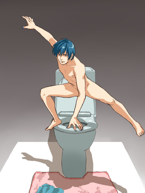 1boy barefoot blue_hair censored convenient_censoring cum kaito male male_focus male_only nail_polish nude pooo pose shadow solo toilet vocaloid what