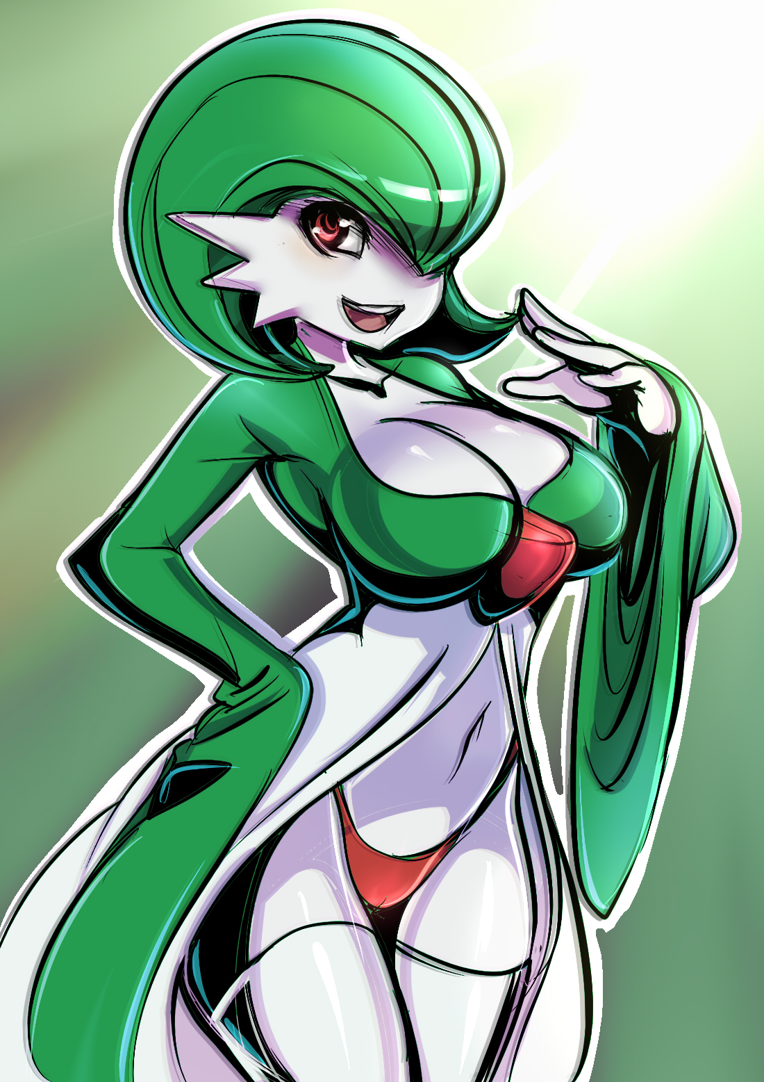 anthro, breasts, cameltoe, cleavage, curvy, dress, female, female gardevoir, gardevoir, green hair, hair over one eye, hand on hip, highleg, highleg panties, highres, huge breasts, humanoid, large breasts, looking at viewer, maniacpaint, pale skin, panties, personification, pokémon (species), pokemon, pokemon (game), pokemon (species), pokemon rse, pokemorph, pussy, red eyes, red panties, short hair, smile, smiling, solo, thighhighs, thong, underwear, white legwear, white skin, wide hips