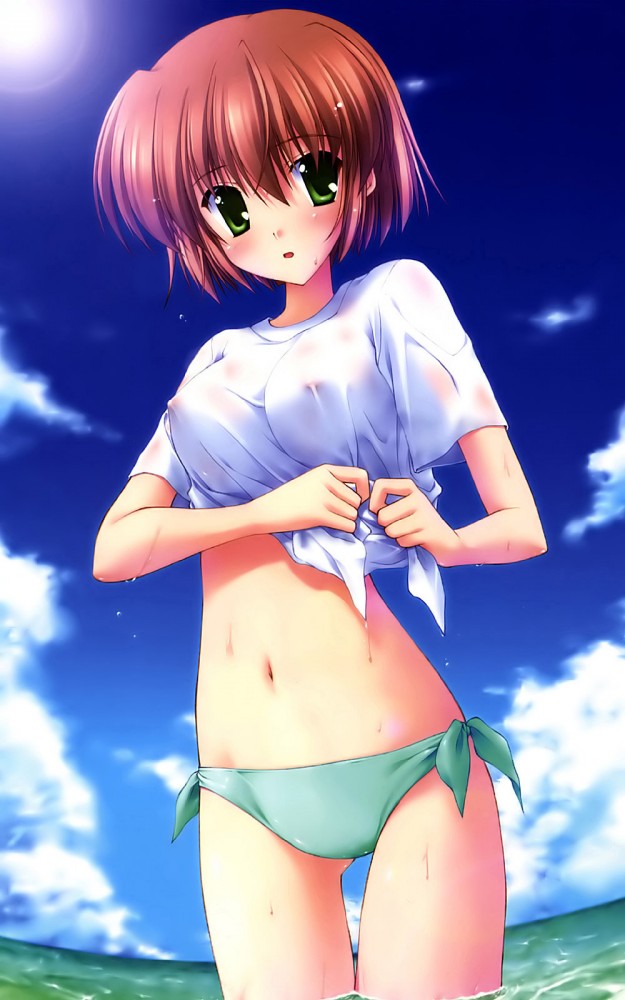 bikini brown_hair canvas_(series) canvas_2 female green_eyes huge_eyes kikyou_kiri looking_at_viewer nanao_naru nipples outdoors red_hair see-through short_hair solo swimsuit water wet