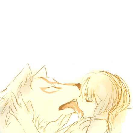 amaterasu closed_eyes i_(artist) kissing licking lowres okami ponytail saliva sucking tied_hair tongue wolf zoophilia