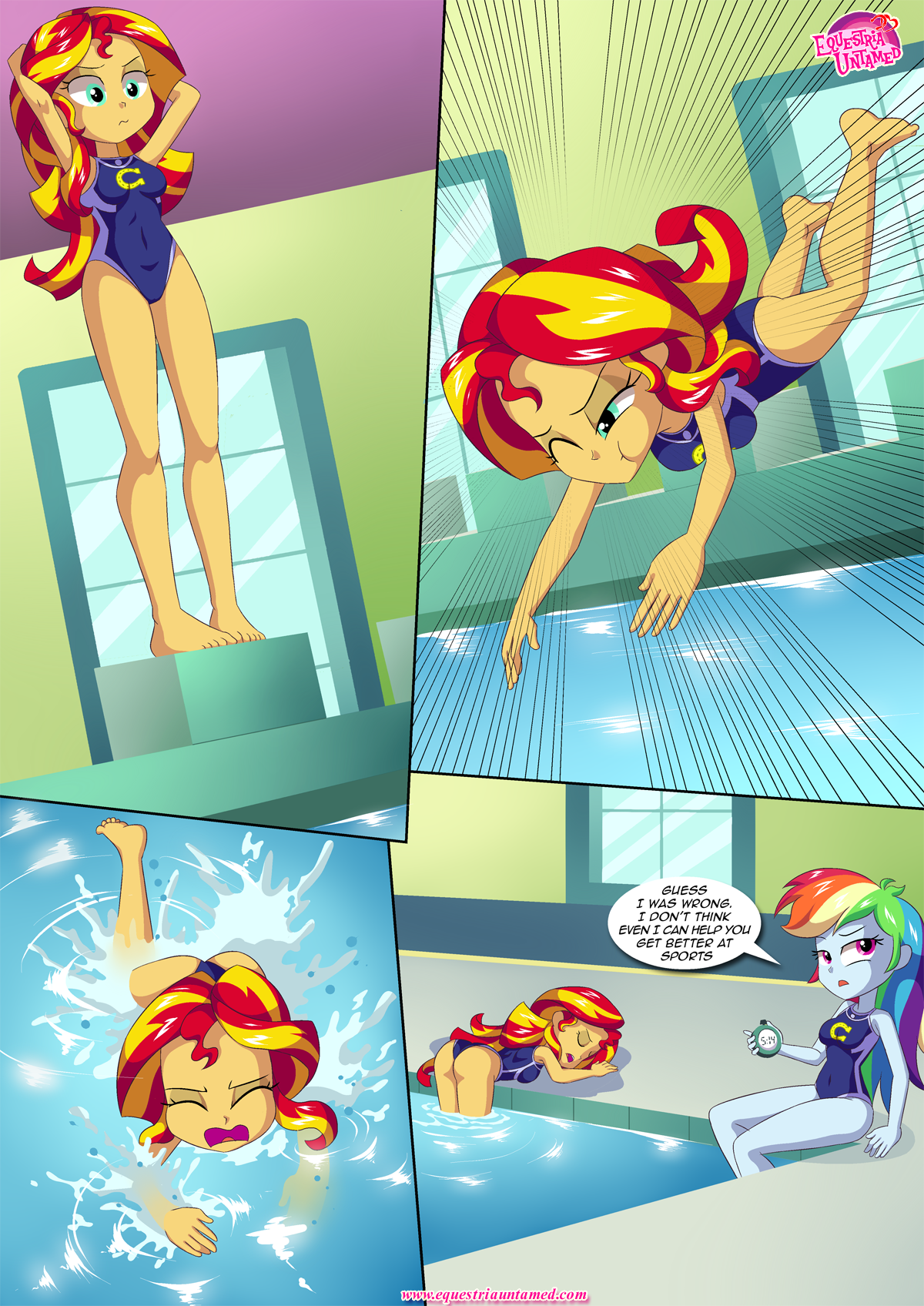 2girls, comic, comic page, english text, equestria girls, equestria untamed, female, female only, friendship is magic, humanized, my little pony, no sex, one-piece swimsuit, physical education, rainbow dash (eg), rainbow dash (mlp), smooth skin, speech bubble, sunset shimmer, swimming, swimming pool, swimsuit, text