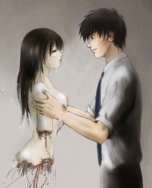 amputee android artist_request black_hair breasts closed_eyes couple female long_hair machine necktie quadruple_amputee robot robot_girl short_hair sideboob smile wet