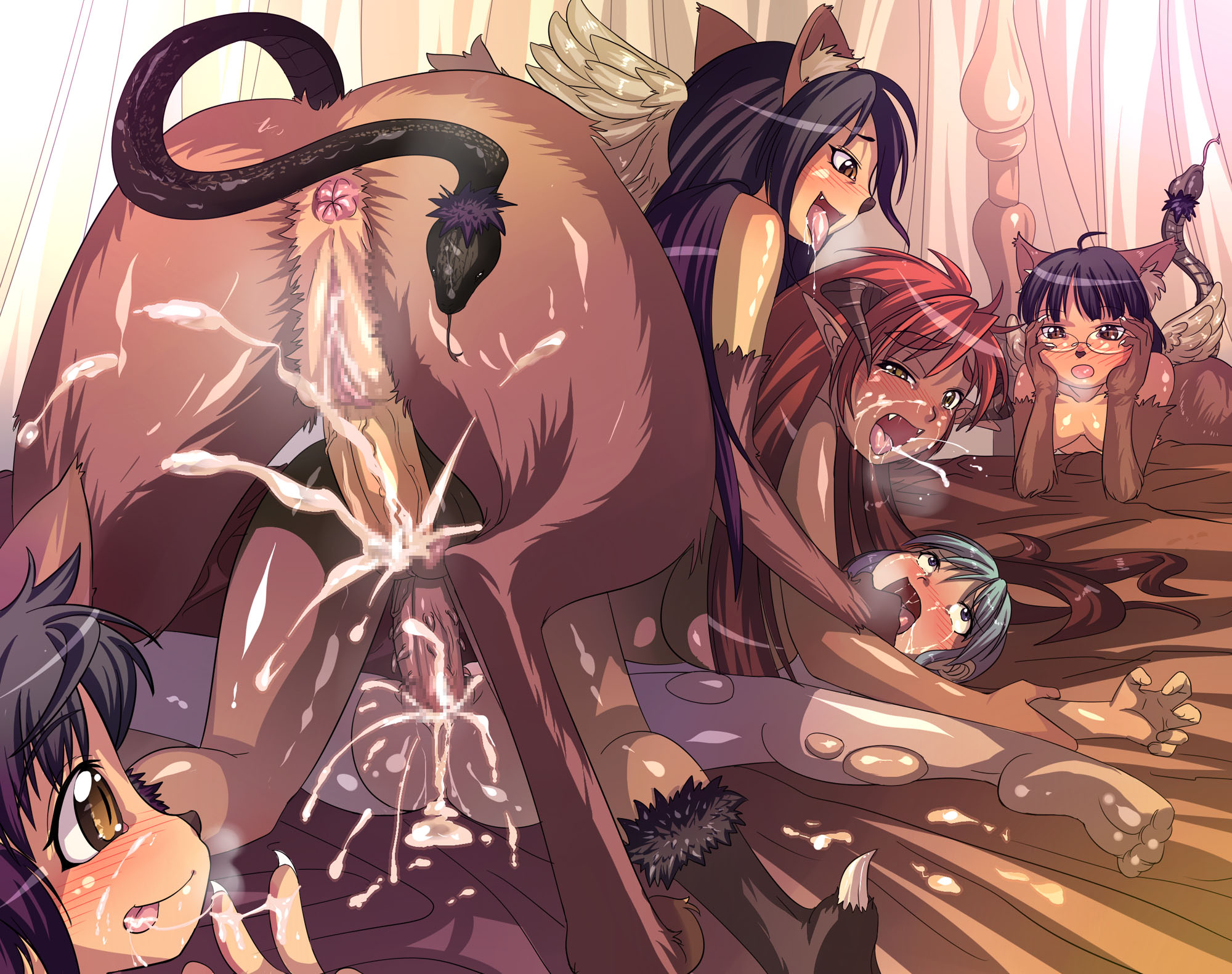 :p, 5girls, ahoge, animal ears, anus, aqua hair, ass, bestiality, black hair, blush, breasts, censored, character request, chimera, copyright request, cum, cum explosion, cum inside, cum on tongue, cum string, cumdrip, demon, demon girl, doggy style, drool, ejaculation, facial, fangs, female, from behind, fucked silly, fur, futa on female, futa on futa, futa sans balls, futa with female, futa with futa, futanari, glasses, group sex, hanging breasts, happy sex, highres, holding arm, horns, intersex, looking back, monster girl, multiple females, multiple girls, open mouth, orgasm, overflow, penis, pointy ears, pussy, red hair, saliva, sideboob, smile, snake, source request, spread legs, tail, talons, taur, tongue, tongue out, very long hair, voyeurism, yellow eyes, yuuyan, zoophilia