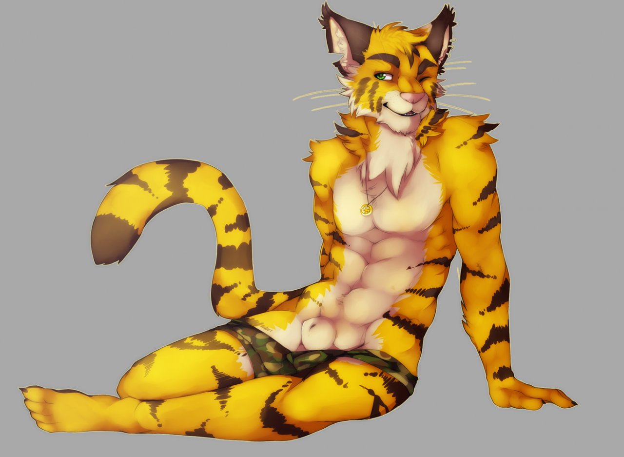 1boy abs biceps black_fur claws green_eyes male male_only muscles necklace ookami-kun pecs piercing sheath smile solo stripes teeth white_fur yellow_fur