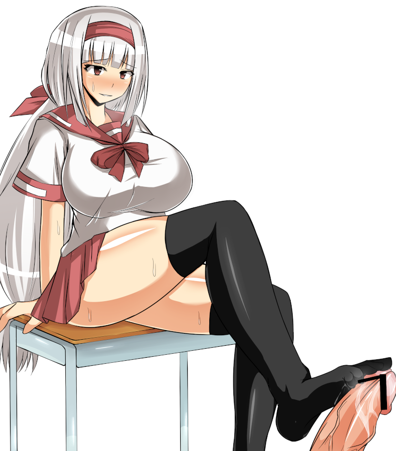 ajimu_najimi black_legwear black_thighhighs breasts brown_eyes censored desk feet female footjob footjob_with_footwear hair_ornament hairband huge_breasts huge_cock large_penis legs long_hair medaka_box miniskirt musuka_(muska) penis school_uniform short_skirt simple_background sitting skirt sweat thighhighs thighs toe_socks toes white_background white_hair