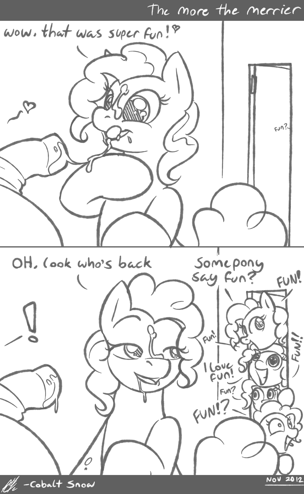 after_sex clones comic cum cum_on_face dialogue english_text equine female friendship_is_magic fun horse monochrome my_little_pony penis pinkie_pie's_clones_(mlp) pinkie_pie_(mlp) pony straight_hair text