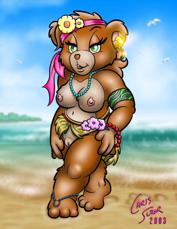 1girls 2003 anthro artist_name beach bear body_fur breasts brown_fur chris_sutor cobalt female female_only grass_skirt green_eyes nipples pussy seaside toony topless vagina