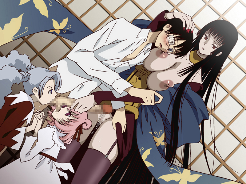 3girls ball_sucking black_hair blue_hair blush breasts censored character_request collaborative_fellatio eye_patch fellatio garter_belt glasses hair hand_on_head handjob hime_cut kate_sai kimono kneeling large_breasts legwear licking long_hair multiple_girls nail_polish nipples no_panties no_pants open_mouth penis pink_hair short_hair standing stockings teamwork testicles thighhighs wet xxxholic yuuko_ichihara