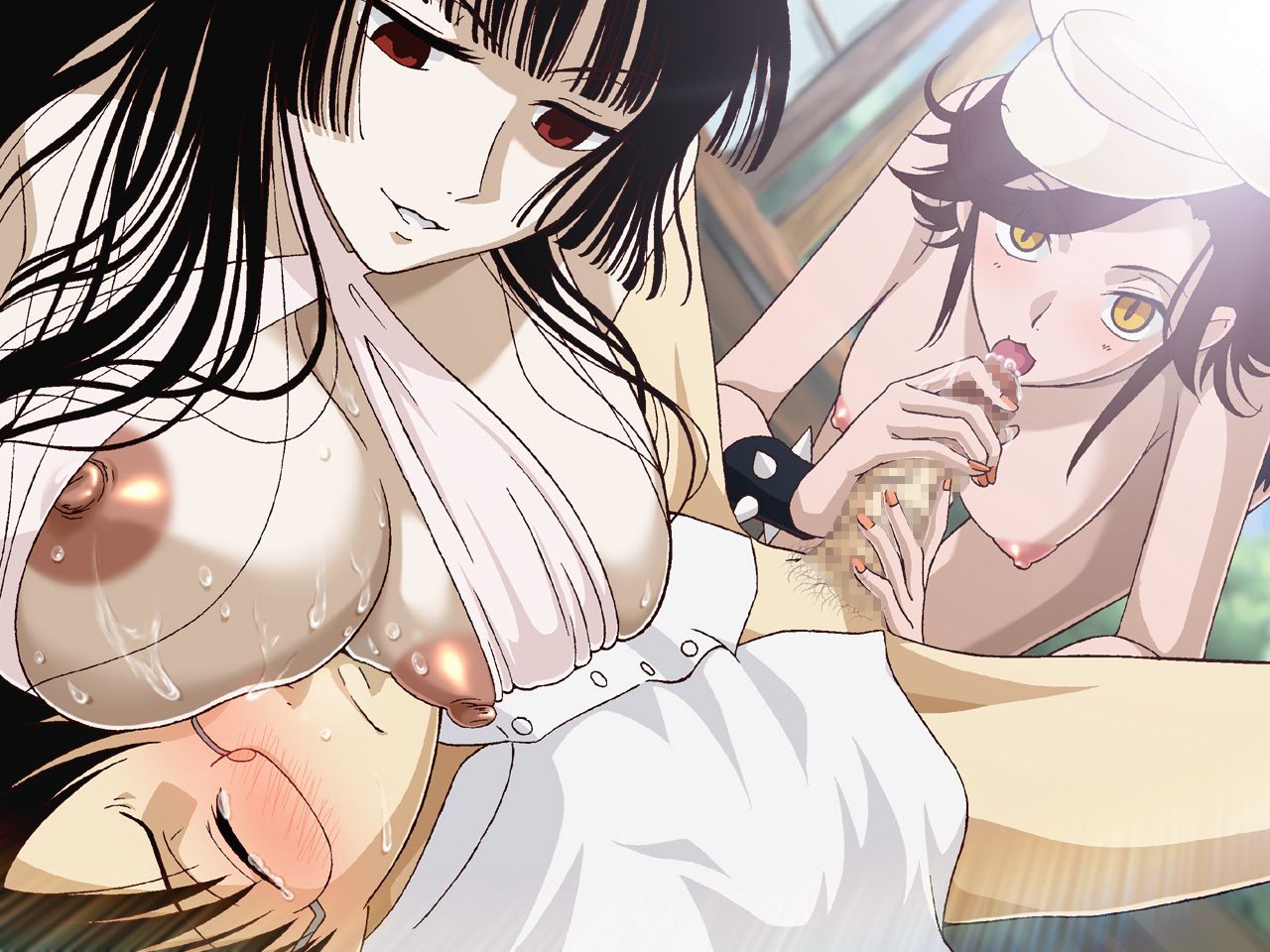 2girls black_hair blush breasts cat_girl censored glasses group_sex hair hat hime_cut kate_sai large_breasts licking long_hair lying multiple_girls nekomsume nipples no_pants nude penis red_eyes short_hair smile sweat threesome tongue tongue_out watanuki_kimihiro xxxholic yellow_eyes yuuko_ichihara