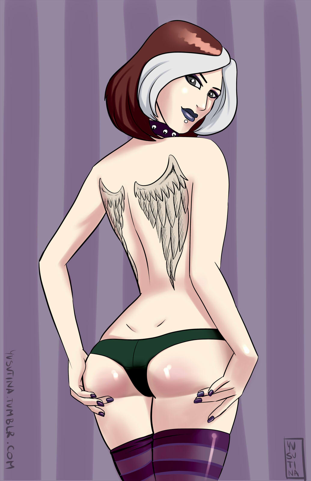 1girls, anna marie, back view, female, female only, green panties, looking back, marvel, marvel comics, panties, rogue (evolution), rogue (x-men), solo, tattoo, thighhighs, topless, x-men, x-men evolution, yusutina