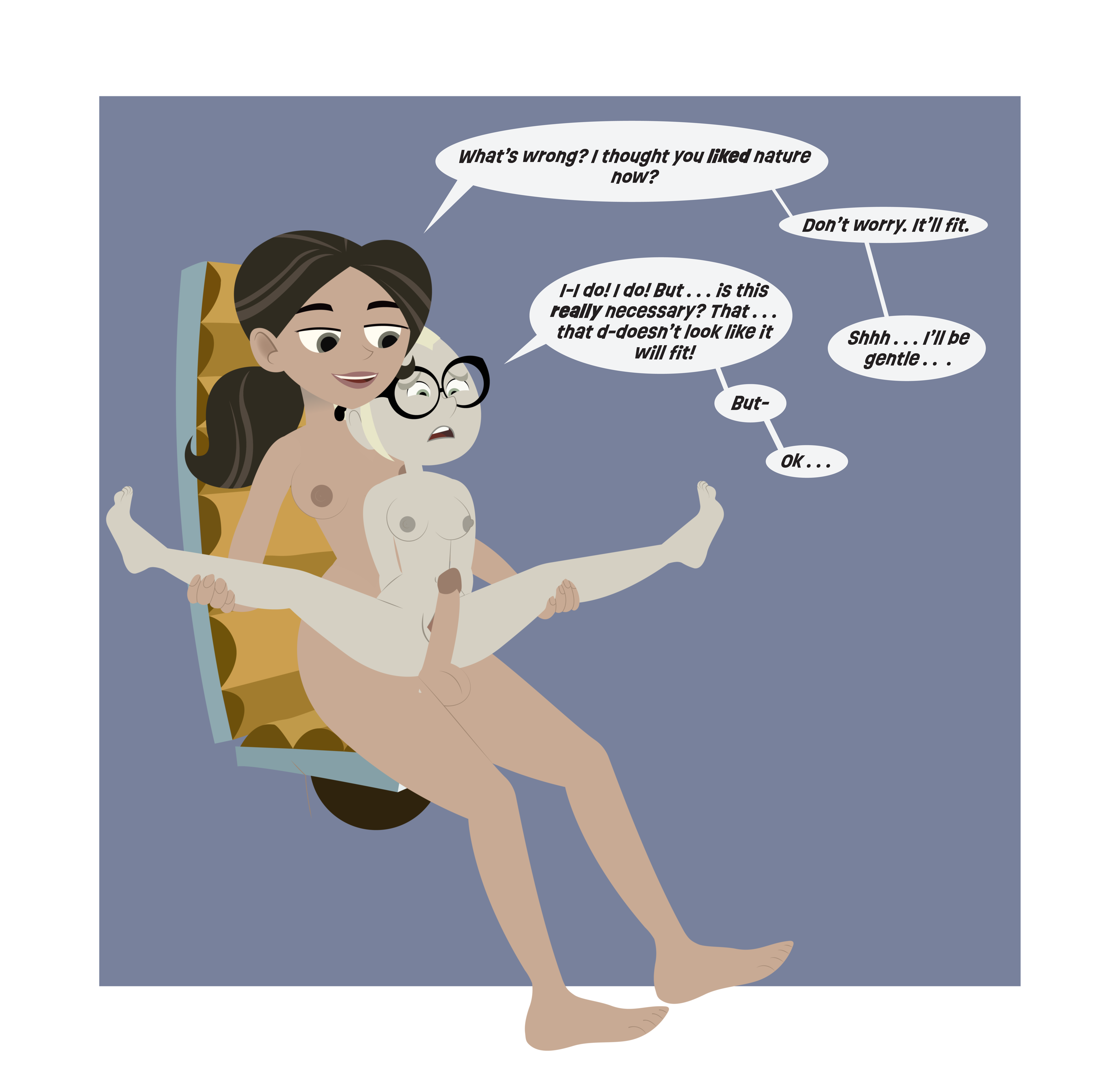 1futa, 1girls, ass, aviva, aviva corcovado, breasts, brown hair, chair, cock, dark brown hair, dick, female, floating chair, futa on female, futanari, glasses, glasses on face, green eyes, green-eyed female, grey eyes, i won't be gentle, imminent sex, intersex, intersex/female, latina, latina female, light skin, light-skinned female, minimal background, minimalist background, nervous, nervous female, on lap, open legs, paisley, paisley (wild kratts), paisley paver, paisley planter, pale skin, pale-skinned female, penis, platinum blonde hair, ponytail, reverse cowgirl position, seductive eyes, seductive look, seductive smile, sitting in chair, sitting on person, size difference, small breasts, smug futa, speech bubble, tan skin, tan-skinned female, tanned skin, text, uncensored breasts, uncensored nipples, uncensored penis, wild kratts