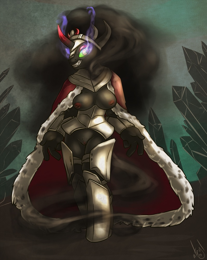 armor atryl aura black black_fur breasts cape catwalk crystal darkness equine fangs female friendship_is_magic green_eyes hands horn horse king_sombra_(mlp) magic my_little_pony pony pussy queen_umbra_(mlp) rule_63 smile unicorn