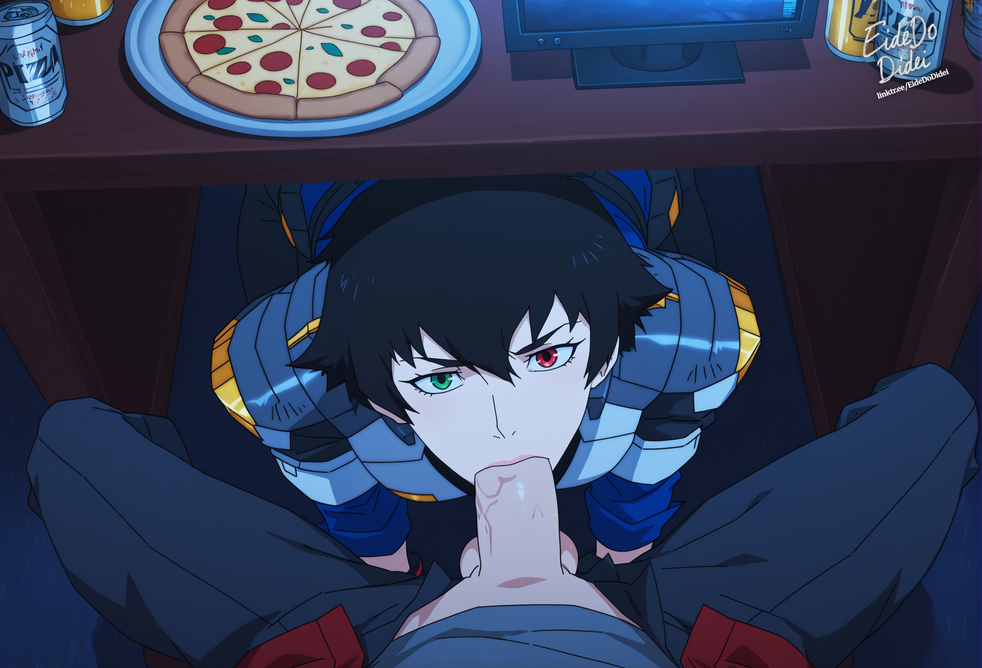 1boy, 1girls, ai generated, balls, beer can, black hair, blowjob, clothed female, dante (devil may cry), dante (netflix), devil may cry (netflix), devil may cry (series), eidedodidei, female, heterochromia, indoors, lady (devil may cry:netflix), lady (devil may cry), male, penis, penis in mouth, penis out, pizza, pov, pov blowjob, self upload, straight, table, testicles, under the table