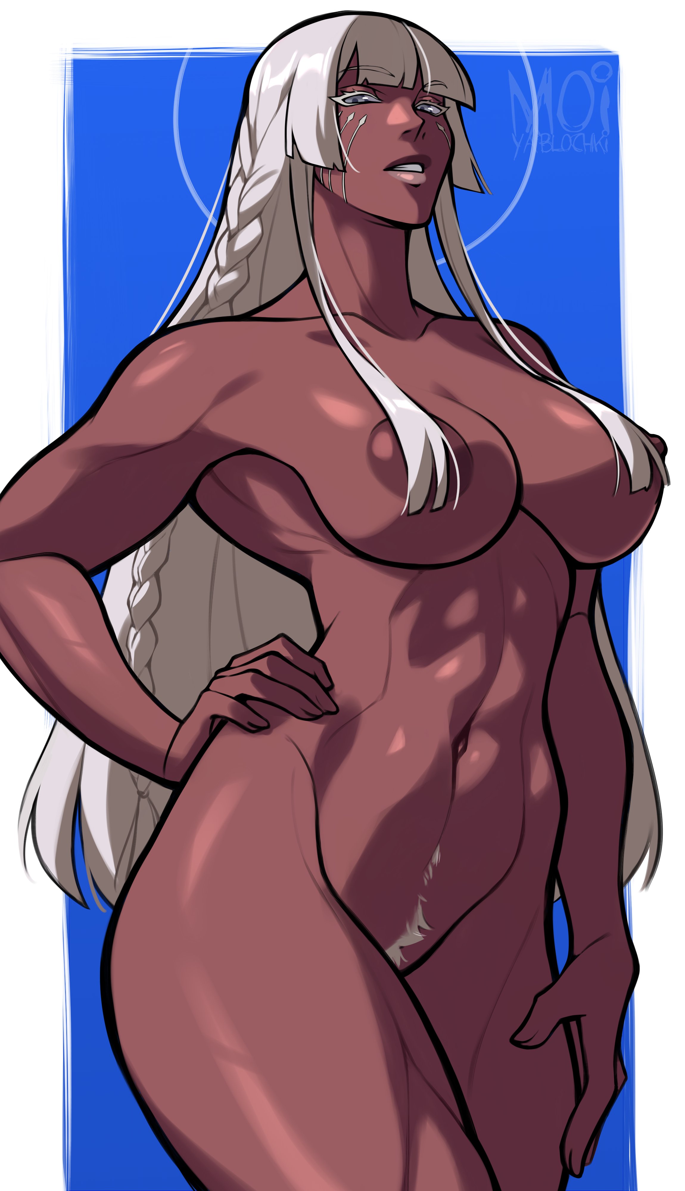 1girls, 2d, abs, areola slip, areolae, bangs, big breasts, blue eyes, blunt bangs, braid, breasts, brigitta lycaon, clothing, completely nude, dark skin, dark-skinned female, female, female only, female pubic hair, hair over breasts, hand on hip, hand on own hip, hime cut, large breasts, lips, long hair, looking at viewer, metaphor: refantazio, moiyablochki, muscles, muscular, muscular female, navel, nipples, nude, nude female, parted lips, pubic hair, scar, solo, standing, thick thighs, thighs, tied hair, very dark skin, wardrobe malfunction, white hair, white pubic hair