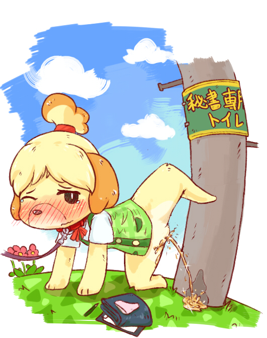 animal_crossing anthro artist_request blush canine dog doubutsu_no_mori female female_only fur furry isabelle_(animal_crossing) mammal nintendo peeing pussy rigi shizue_(doubutsu_no_mori) solo text translation_request urine what