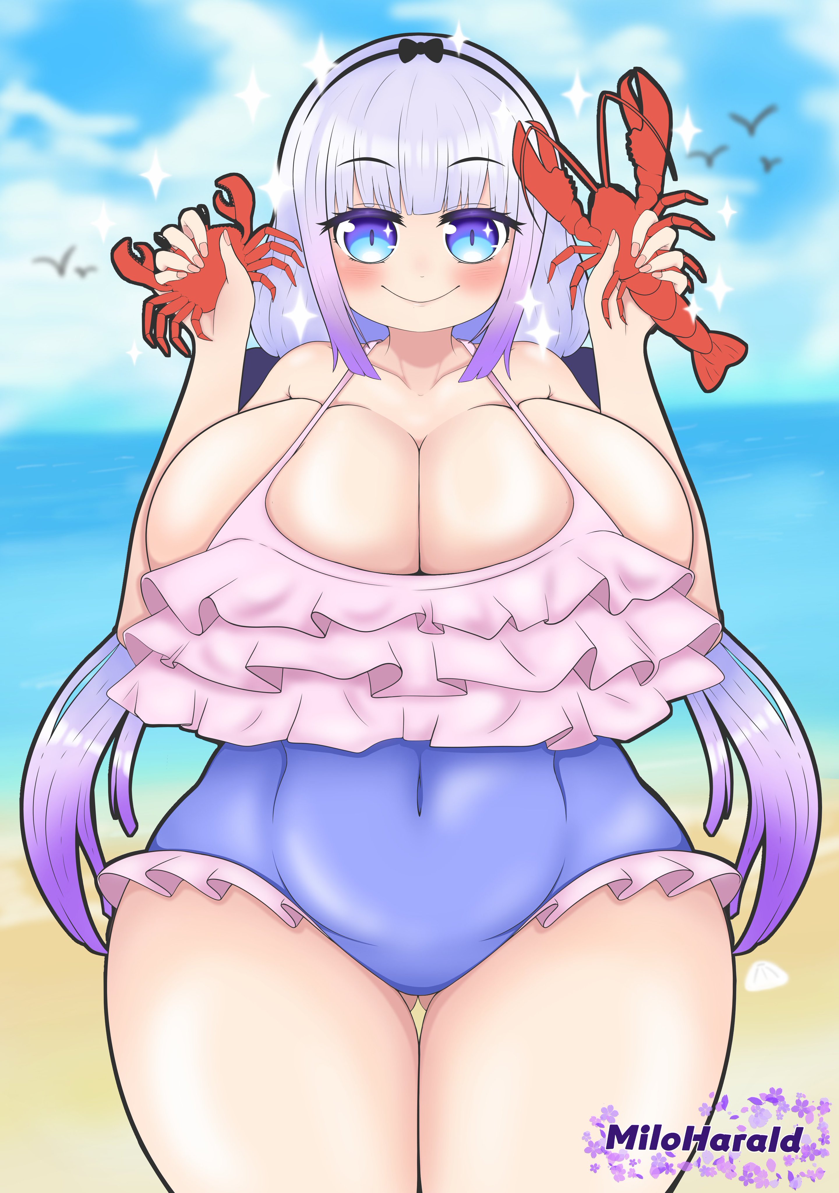 1girls, ass, ass visible through thighs, beach, belly, big ass, big breasts, big butt, big titties, blue eyes, breasts, cleavage, clothing, curvaceous, curvaceous female, curvaceous figure, curvy, curvy figure, curvy hips, dragon maid, female, female focus, female only, gigantic breasts, huge breasts, kanna kamui, large breasts, long hair, massive breasts, miloharald, miss kobayashi's dragon maid, navel, navel visible through clothes, solo, solo female, thick thighs, thighs, voluptuous, voluptuous female, white hair, wide hips