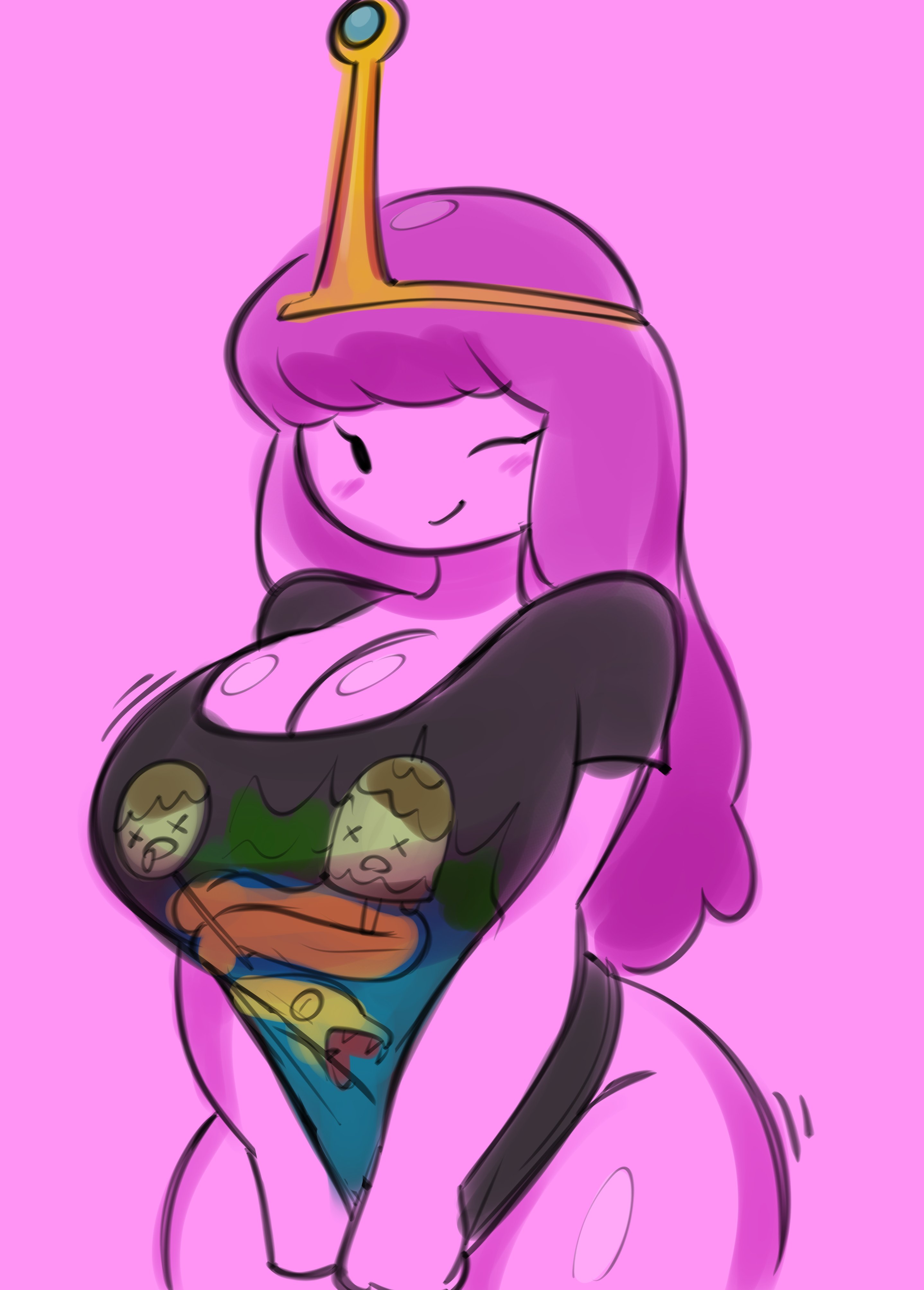 1girls, adventure time, barely clothed, barely covered, big breasts, blush, blushing, blushing at viewer, blushing female, breasts, cartoon network, cleavage, female, female only, hips, hips wider than shoulders, jek korpen, long hair, one eye closed, pink background, pink body, pink hair, pink skin, princess bubblegum, shirt, simple background, smile, solo, thick, thick hips, thighs, voluptuous female, wide hips, wink, winking at viewer