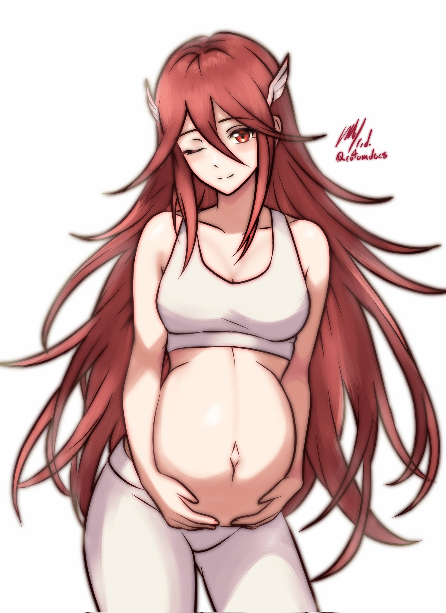 1girls, breasts, cleavage, cordelia (fire emblem), female, fire emblem, fire emblem awakening, hair between eyes, hair ornament, hands on own stomach, highres, long hair, looking at viewer, medium breasts, nintendo, one eye closed, pants, pregnant, red eyes, red hair, rotomdocs, smile, solo, sports bra, sportswear, very long hair, white pants, white sports bra, wing hair ornament, winking at viewer, yoga pants