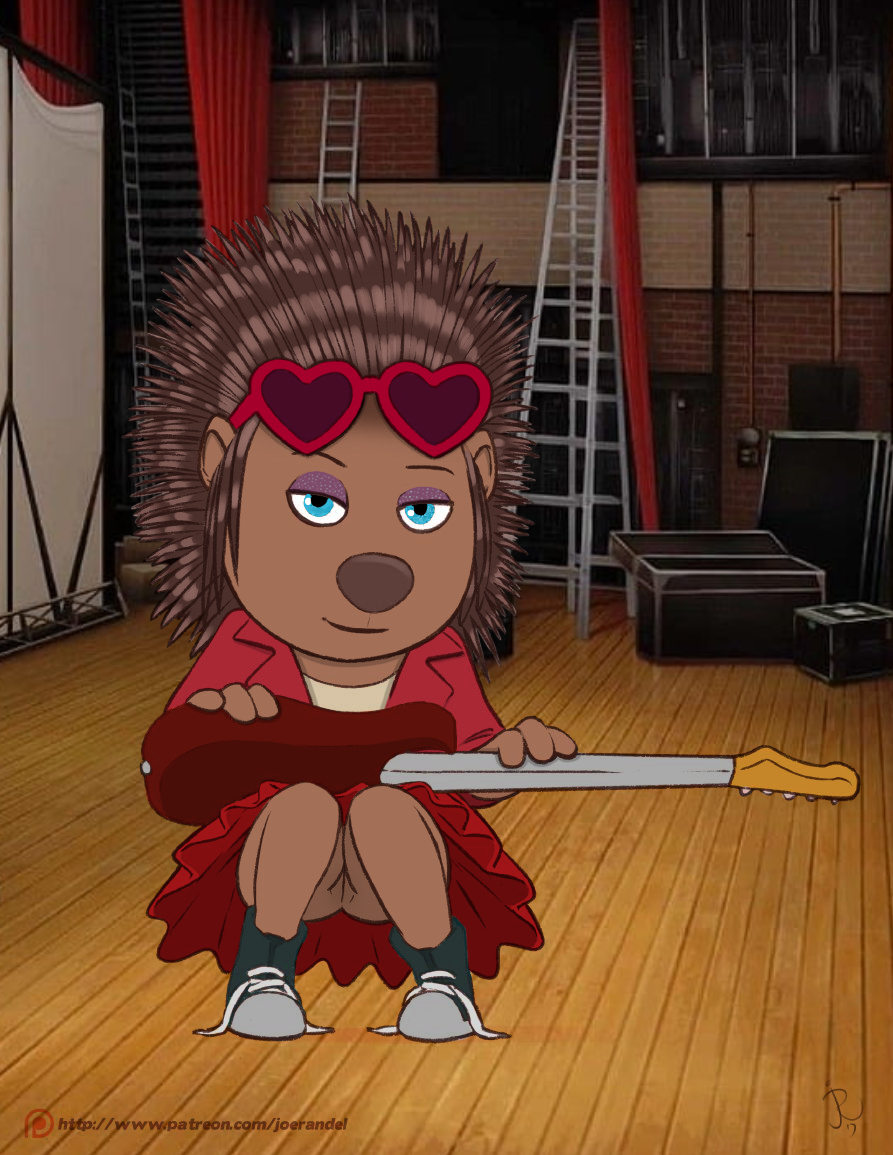 anthro ash_(sing) barely_visible_genitalia biped black_nose blue_eyes bottomwear closed_smile clothed clothed_anthro clothed_female clothing color_edit colored crested_porcupine crouching electric_guitar eyebrows eyeshadow eyewear eyewear_on_head feet female fingers footwear genitals glasses guitar hair heart_glasses holding_guitar holding_musical_instrument holding_object illumination_entertainment joe_randel looking_at_viewer makeup mammal mouth_closed musical_instrument no_underwear old_world_porcupine patreon patreon_logo patreon_username plucked_string_instrument porcupine presenting pussy quills_(anatomy) rodent shoelaces shoes sing_(movie) skirt smile smiling_at_viewer sneakers solo string_instrument sunglasses sunglasses_on_head text third-party_edit upskirt url wearing_eyewear wearing_glasses
