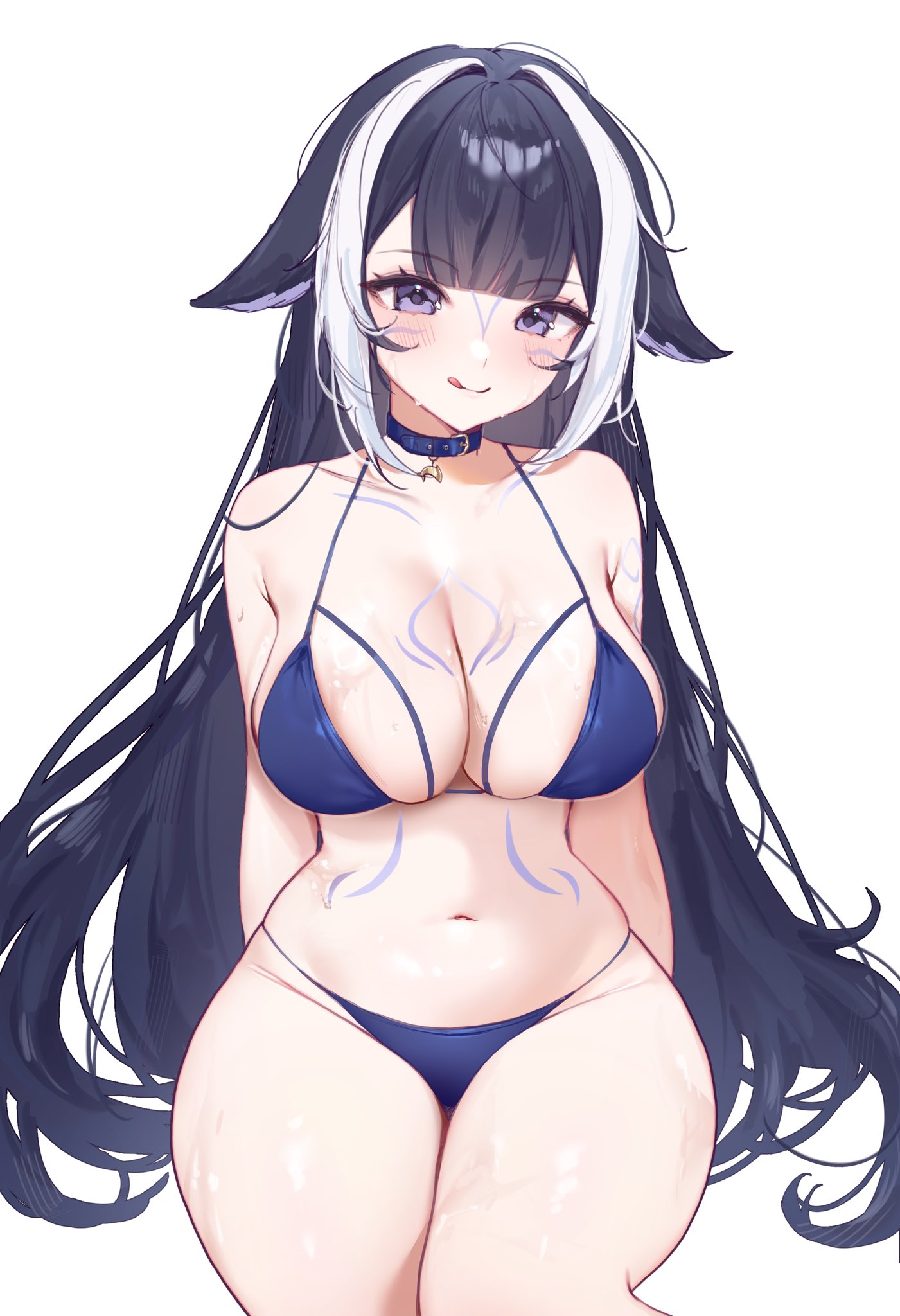arms behind back, big breasts, bikini, blue bikini, blue hair, blue panties, blush, breasts, cleavage, collar, eye contact, female, indie virtual youtuber, large breasts, large thighs, long hair, looking at viewer, miyuchiq, panties, purple eyes, shylily, sitting, sitting down, the bikini bottoms, thick thighs, thighs, tongue, tongue out, virtual youtuber, waist, wet body, white highlights