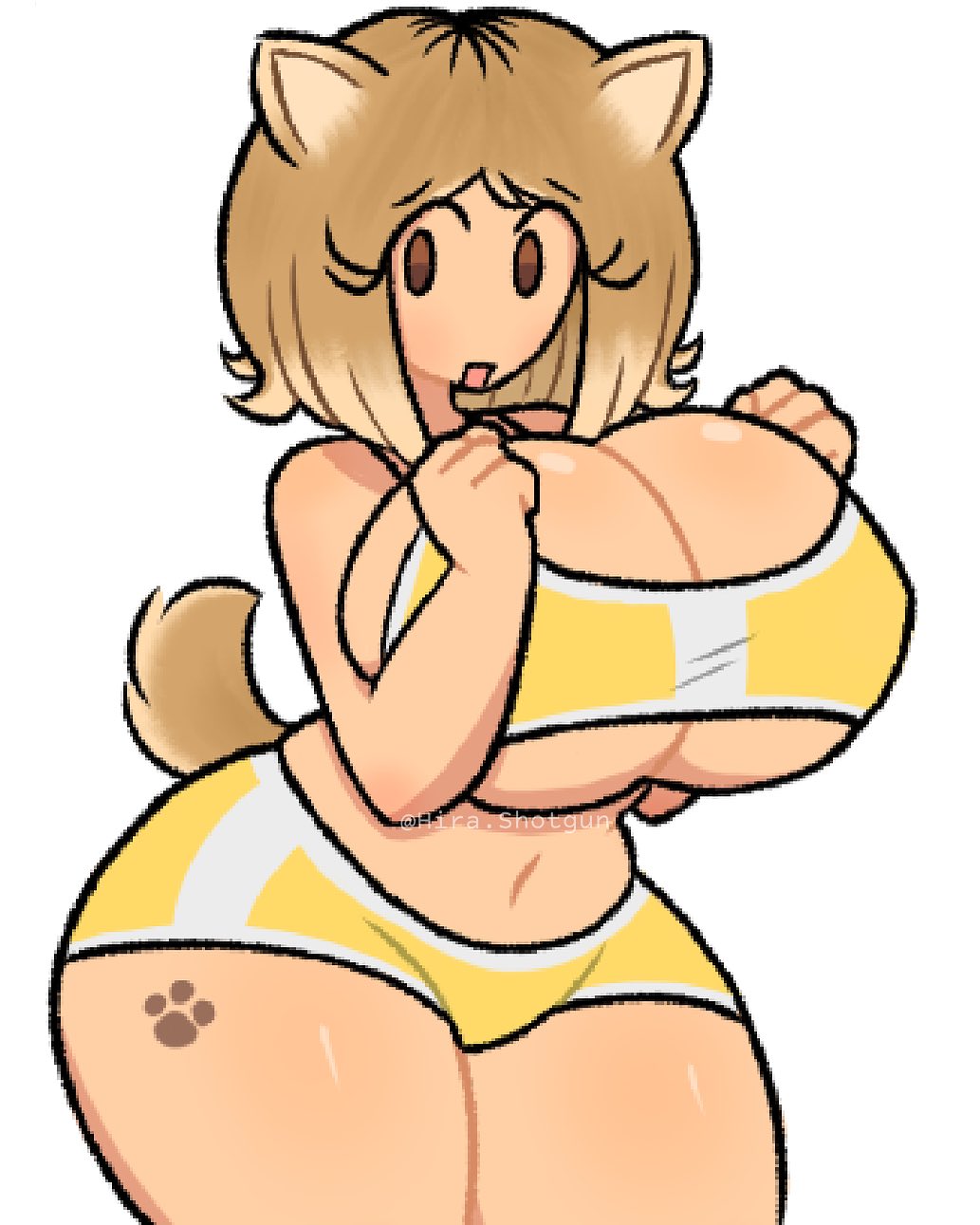 1girls, 2d, 2d (artwork), 2d artwork, alternate costume, artist name, ass, big ass, big breasts, bikini, breast support, breasts, breasts bigger than head, brown eyes, canine, curvaceous, curvy, curvy body, curvy female, curvy figure, cute, cute face, cute female, dog ears, dog girl, dog tail, female, hips, hira.shotgun, huge breasts, large breasts, light skin, light-skinned female, looking at viewer, original character, pawprint, pawprint marking, pawprint tattoo, shiba (hira.shotgun), shiba inu, short hair, simple background, solo, solo female, solo focus, supporting breasts, tattoo, tattoo on butt, thick, thick legs, thick thighs, top heavy, twitter username, unique style, voluptuous, voluptuous female, white background, wide hips, yellow bikini
