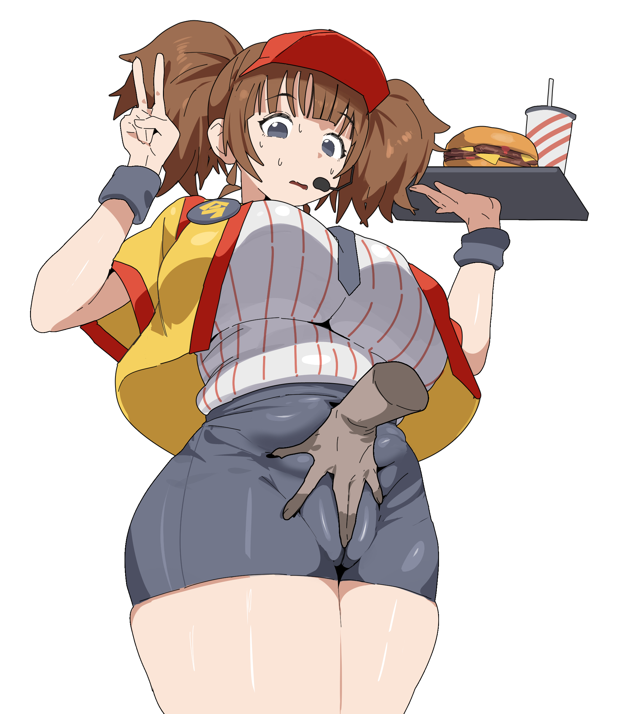 1girls, 2d, 2d (artwork), ass, bottom heavy, breasts, bubble ass, bubble butt, burger, cameltoe, cheese, child bearing hips, citizen k, clothed, clothed female, clothing, curvaceous, curvaceous female, curvy female, curvy hips, dark-skinned male, disembodied hand, employee, employee uniform, fast food, fast food employee, fast food uniform, fat mons, female, female focus, female only, food, food fetish, hourglass figure, huge ass, huge breasts, large ass, large breasts, light skin, light-skinned female, miniskirt, navel, navel visible through clothes, pale skin, pale-skinned female, plate, pussy, short hair, skin tight, skindentation, skirt, thick thighs, tied hair, tight clothes, tight clothing, tight fit, top heavy, underboob, viewed from below, wide hips, wristband, wristwear