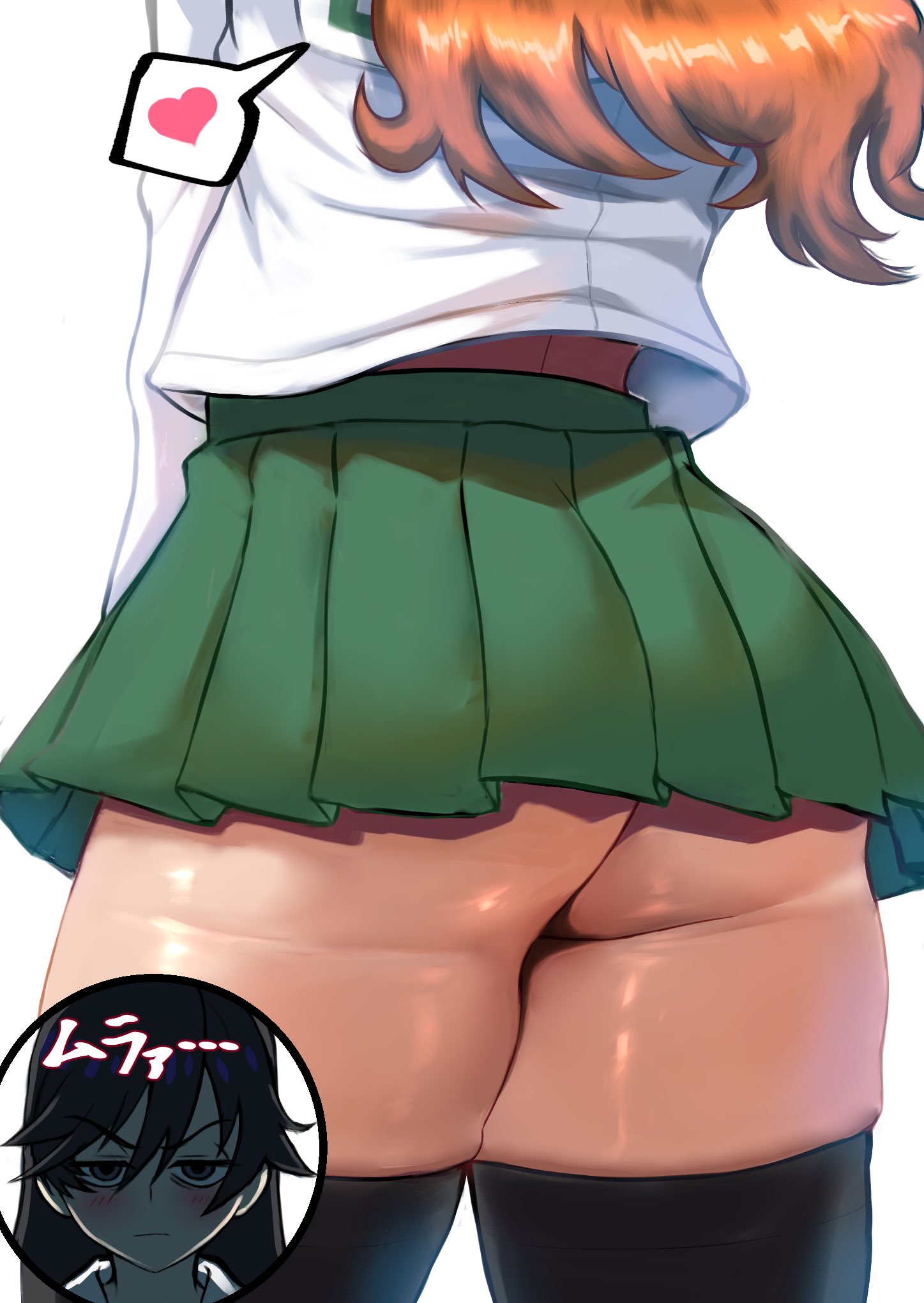 2girls, alternate body size, ass, back peek, black hair, black thighhighs, bougainvillea (unnryuu), female, from behind, girls und panzer, green skirt, head out of frame, heart, highres, isuzu hana, light frown, long hair, miniskirt, multiple females, multiple girls, ooarai school uniform, orange hair, pleated skirt, pout, school uniform, serafuku, shaded face, shiny skin, simple background, skindentation, skirt, spoken heart, takebe saori, thick thighs, thighhighs, thighs, white background, white serafuku, zettai ryouiki