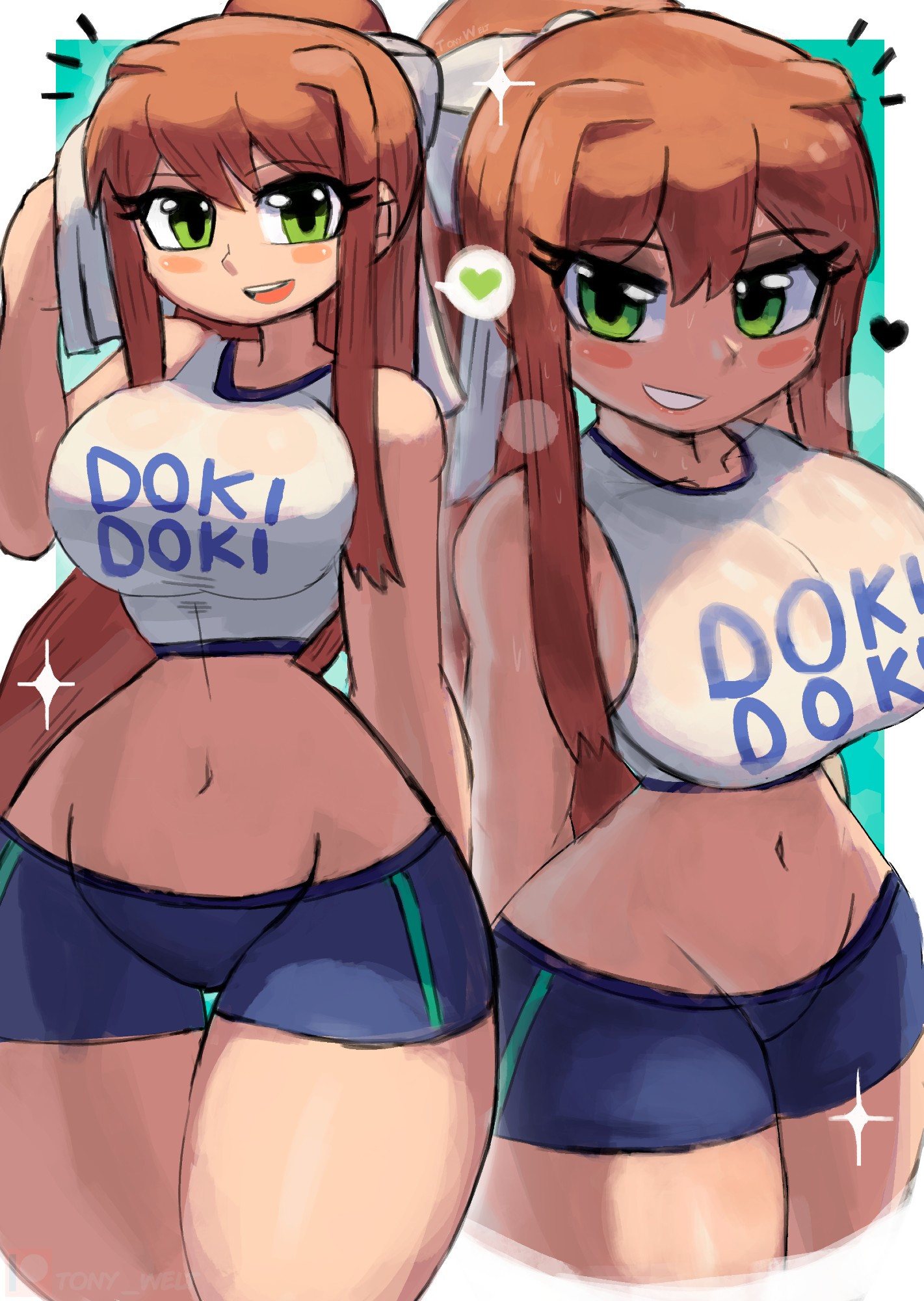 brown hair, different angle, doki doki literature club, female, female only, green eyes, long hair, monika (doki doki literature club), ponytail, sports bra, sports shorts, tony welt, white bow