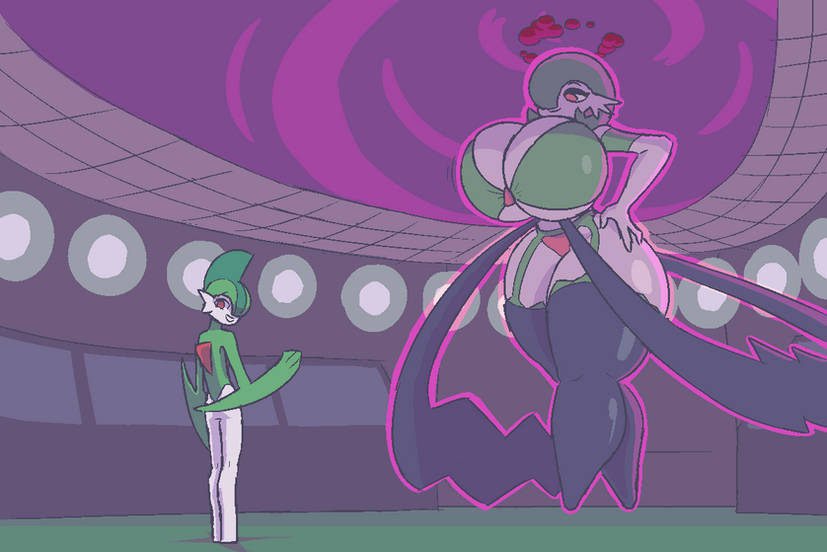 arena, ass, bo-the-sno, breasts, clothed, clothing, dynamax, female, gallade, gardevoir, giantess, gigantamax, green hair, huge ass, huge breasts, huge thighs, larger female, lingerie, panties, pixel art, pixelated, pokemon, pokemon (species), red panties, size difference, stadium, thigh highs, thighhighs, white body, white skin