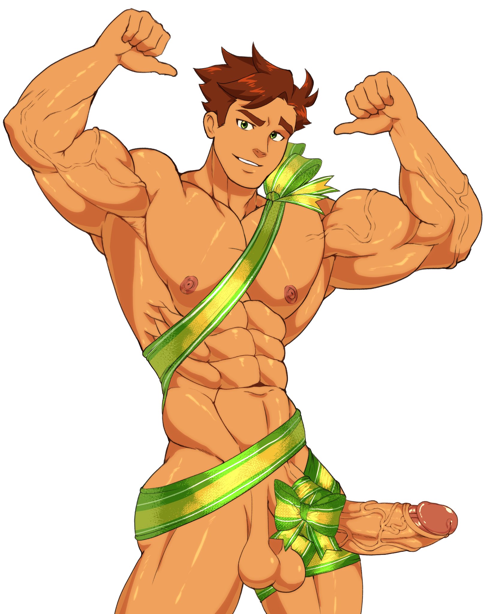 1boy, 2d, abs, alex mullner, balls, big penis, brown hair, cock, dick, flexing, gift wrapping, green eyes, koaraterritory, male, male only, muscular, muscular male, nude guy wrapped in ribbons standing (meme), penis, six pack, solo, stardew valley, veins, veiny penis, white background