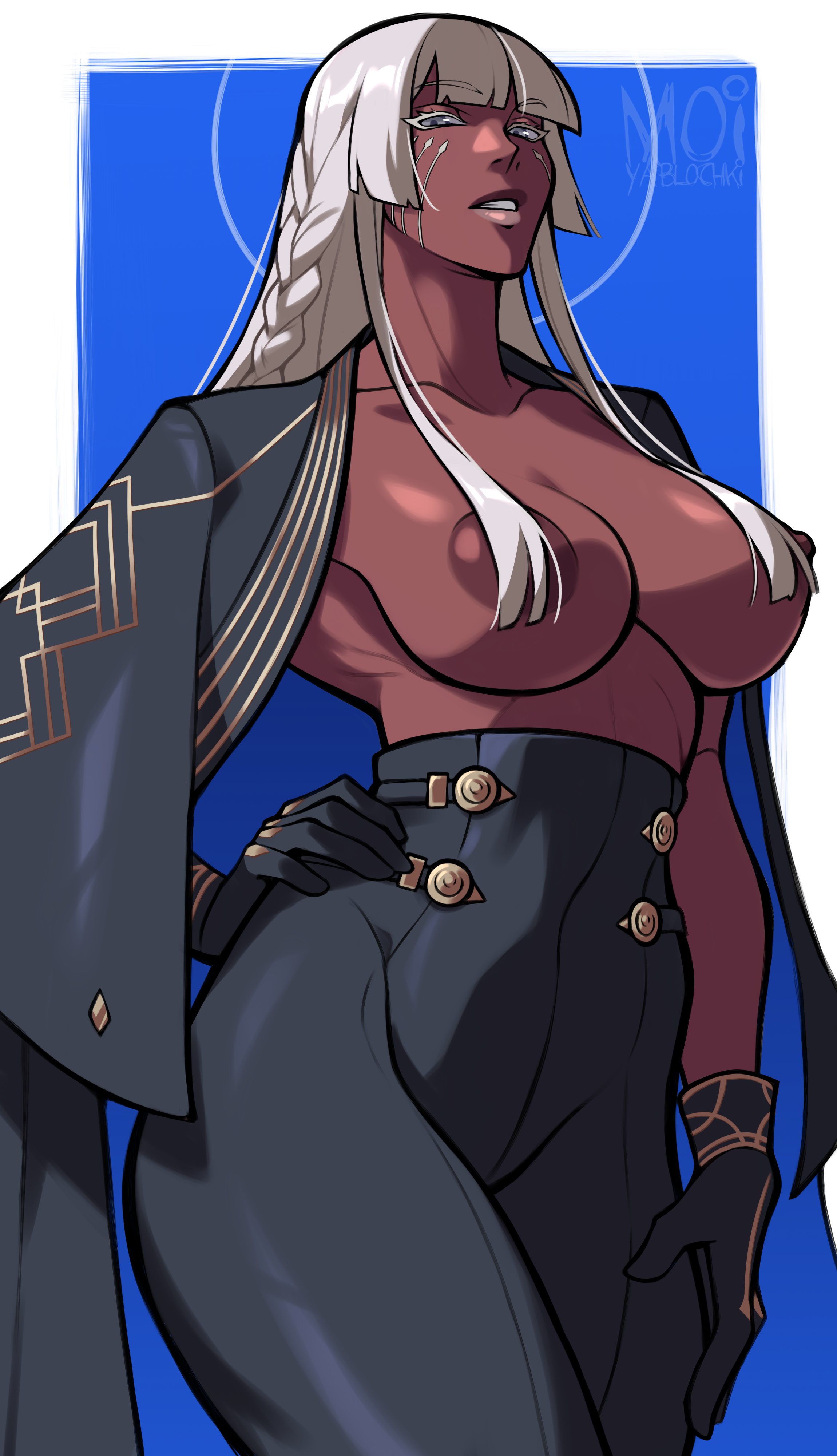 1girls, 2d, areola, areola slip, areolae, bangs, big breasts, blue eyes, blunt bangs, braid, breasts, brigitta lycaon, clothing, dark skin, dark-skinned female, female, female pubic hair, gloves, hair over breasts, hand on hip, hand on own hip, hime cut, large breasts, lips, long hair, looking at viewer, metaphor: refantazio, moiyablochki, muscles, muscular, muscular female, navel, nipples, no bra, no shirt, open clothes, open jacket, parted lips, pubic hair, scar, solo, standing, suit, thick thighs, thighs, tied hair, wardrobe malfunction, white hair