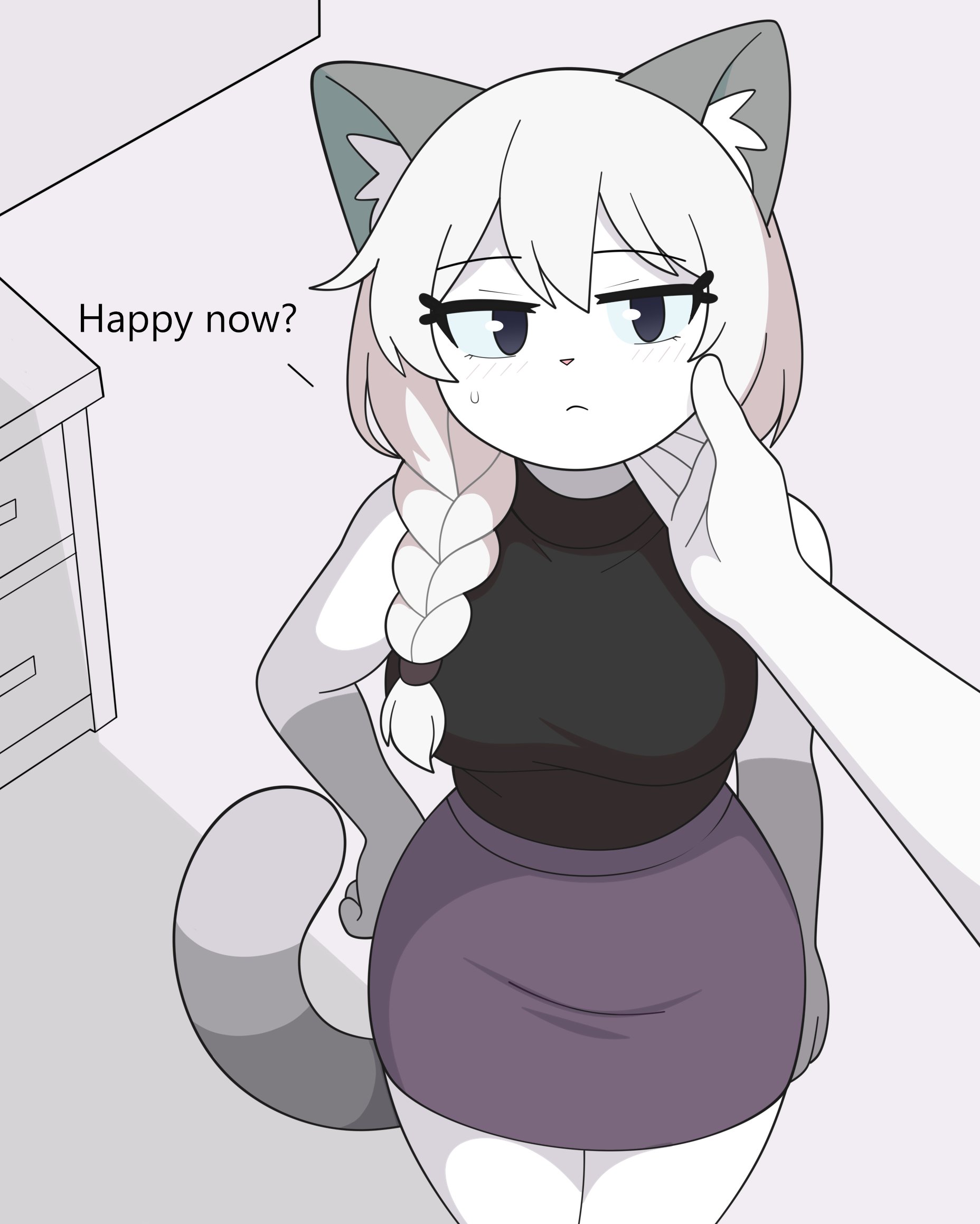 annoyed, annoyed expression, big breasts, black shirt, blue eyes, blush, breasts, cat ears, cat girl, cat tail, catgirl, cheek grab, english text, eye contact, female, formal wear, hand on cheek, hand on hip, holding cheek, large breasts, looking at viewer, looking up, looking up at viewer, no eraser, not porn, office clothing, office lady, pov, pov eye contact, purple skirt, shirt, skirt, sweat, sweatdrop, tank top, text, thick thighs, white hair