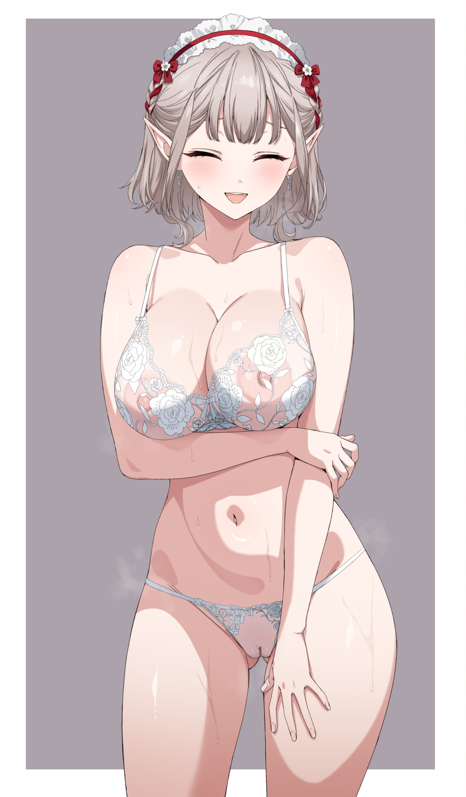 ass_visible_through_thighs bare_shoulders blush border bra breasts brown_hair cleavage closed_eyes collarbone commission cowboy_shot elu_(nijisanji) facing_viewer female frills fuooooo grey_background grey_hair groin hair_ornament hairband highres large_breasts lingerie looking_at_viewer navel nijisanji nipples open_mouth panties pixiv_commission pointy_ears pussy see-through_clothes short_hair simple_background smile solo standing stomach thigh_gap thighs underwear underwear_only white_border white_bra white_panties