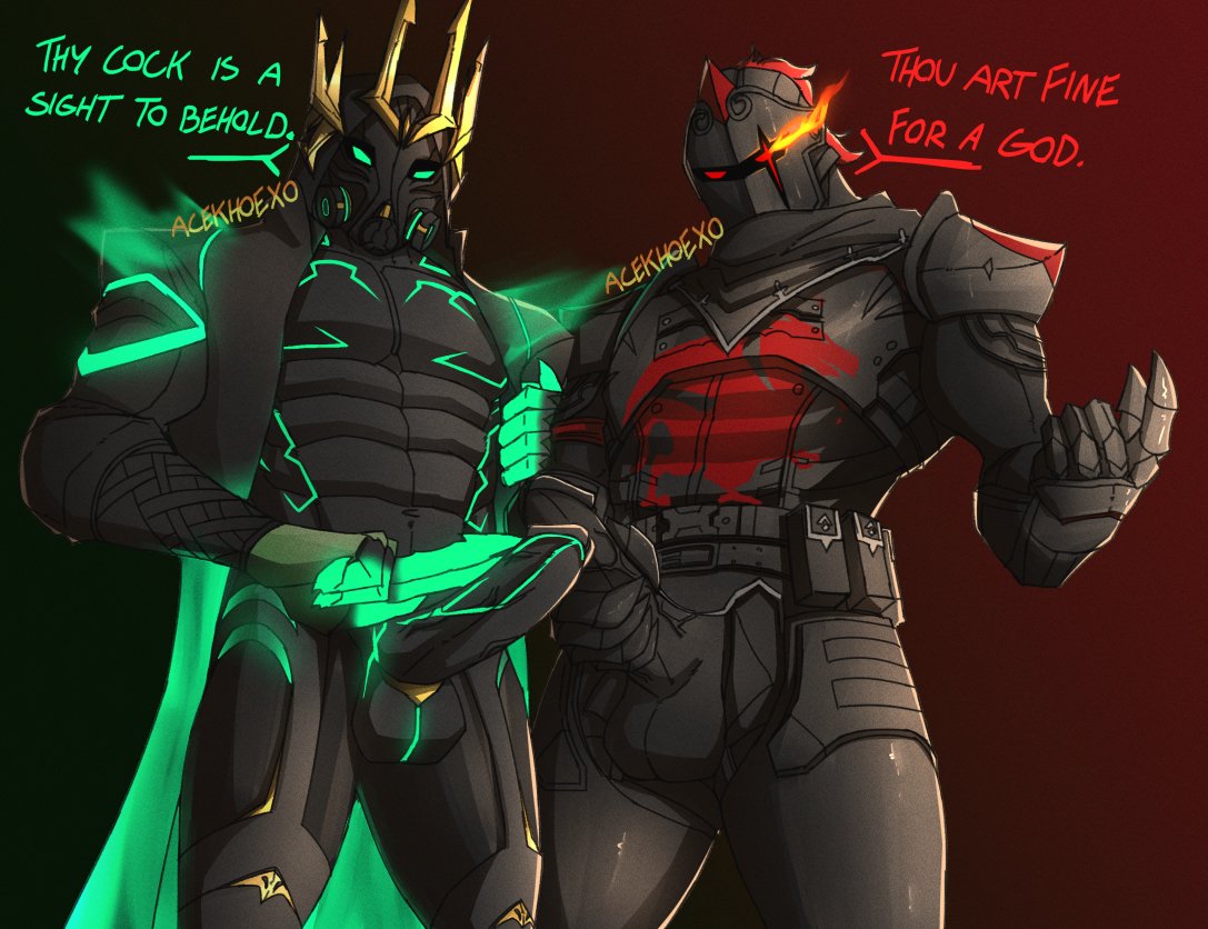 2boys acekhoexo black_armor claws coat cock cock_ring comparing_penis crown dialogue fingers_on_penis fortnite fortnite:_battle_royale gas_mask gay glowing_clothes glowing_eyes glowing_green_eyes glowing_red_eyes green_claws green_eyes hades_(fortnite) hand_on_penis helmet helmet_covering_face knight knight_conqueror_(fortnite) looking_at_viewer male masturbation mostly_clothed muscular muscular_male penis red_eyes simple_background talking_to_another thighs