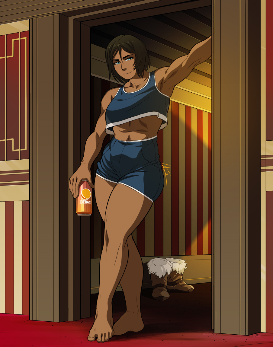 1girls against_door armpit armpits athletic athletic_female avatar_legends barefoot blue_eyes bob_cut boots brown_hair brunette_hair can casual_clothes clothed clothing dark-skinned_female dark_skin doorframe doorway drink drink_can energy_drink female female_only gym gym_clothes indoors korra leaning looking_at_viewer looking_to_the_side midriff muscular muscular_female shoes_removed short_hair sleeveless soda_can solo solo_female standing the_avatar the_legend_of_korra thick_thighs thighs tomboy toned toned_female training triplexmile water_tribe workout_clothes