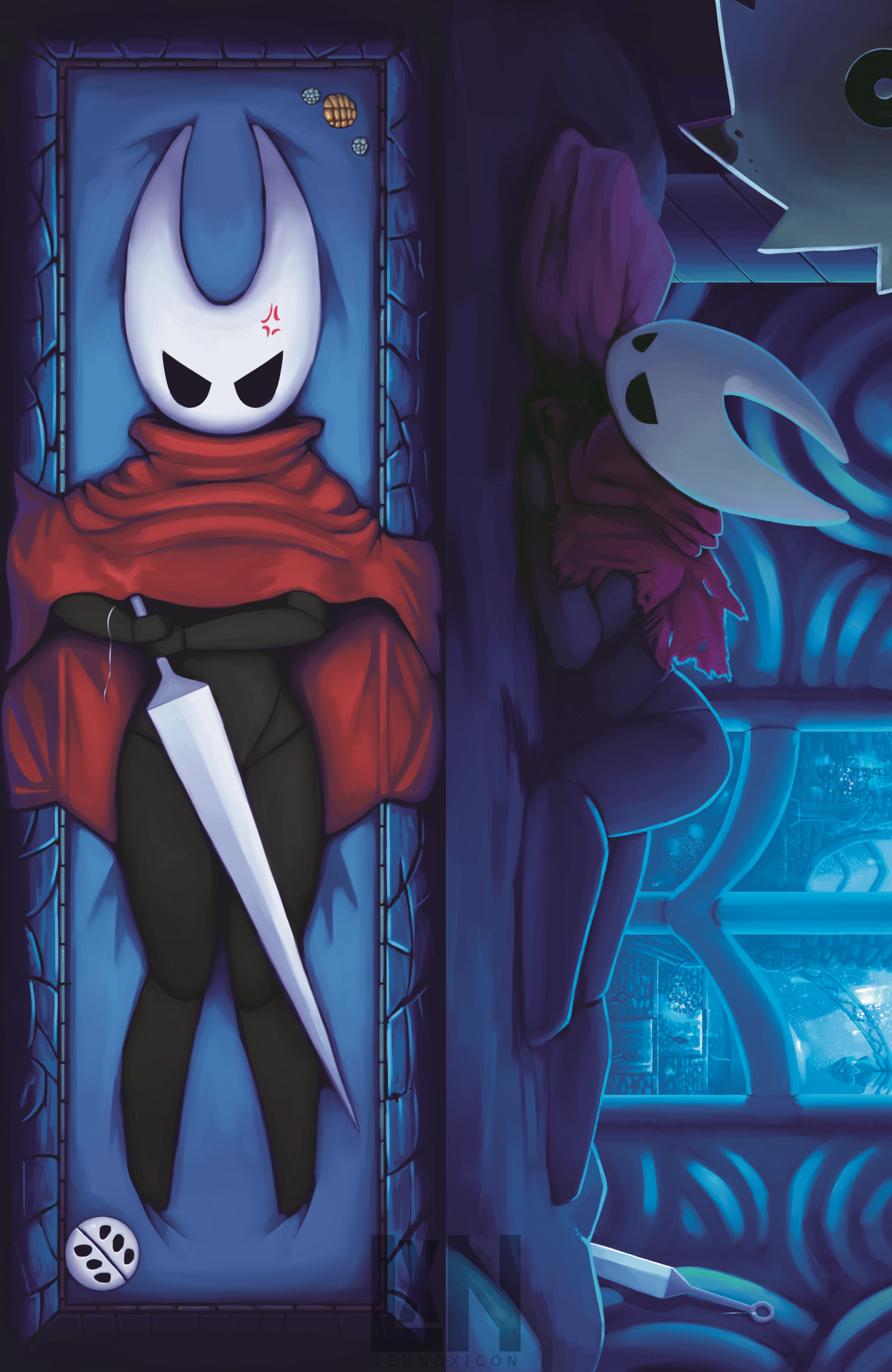 angry expression, body pillow, body pillow design, dakimakura, dakimakura design, eyebrowless, female, hollow knight, hornet (hollow knight), lying, lying on bed, no artist signature, no feet, solid eyes, tagme