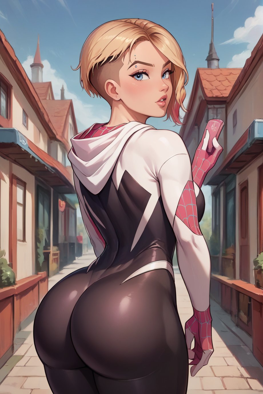 ai generated, ass, bedroom, blonde female, blonde hair, blonde-haired female, bodysuit, boobs out, breasts, eteeming, female, female focus, female only, gwen stacy, gwen stacy (spider-verse), marvel, marvel comics, nipples, spider-gwen, spider-man: into the spider-verse