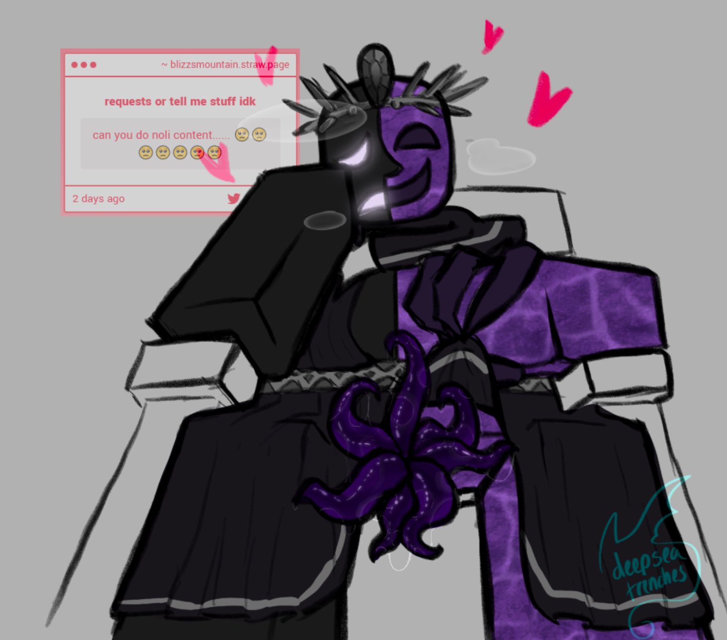 1boy, black body, black skin, blocky body, crown, deepseatrenches, forsaken (roblox), grey background, hat, headwear, heart, male, male only, noli (forsaken), penis, purple body, purple penis, purple skin, request, roblox, roblox game, robloxian, solo, solo male, strawpage request, tentacle, tentacle dick, tentacle penis