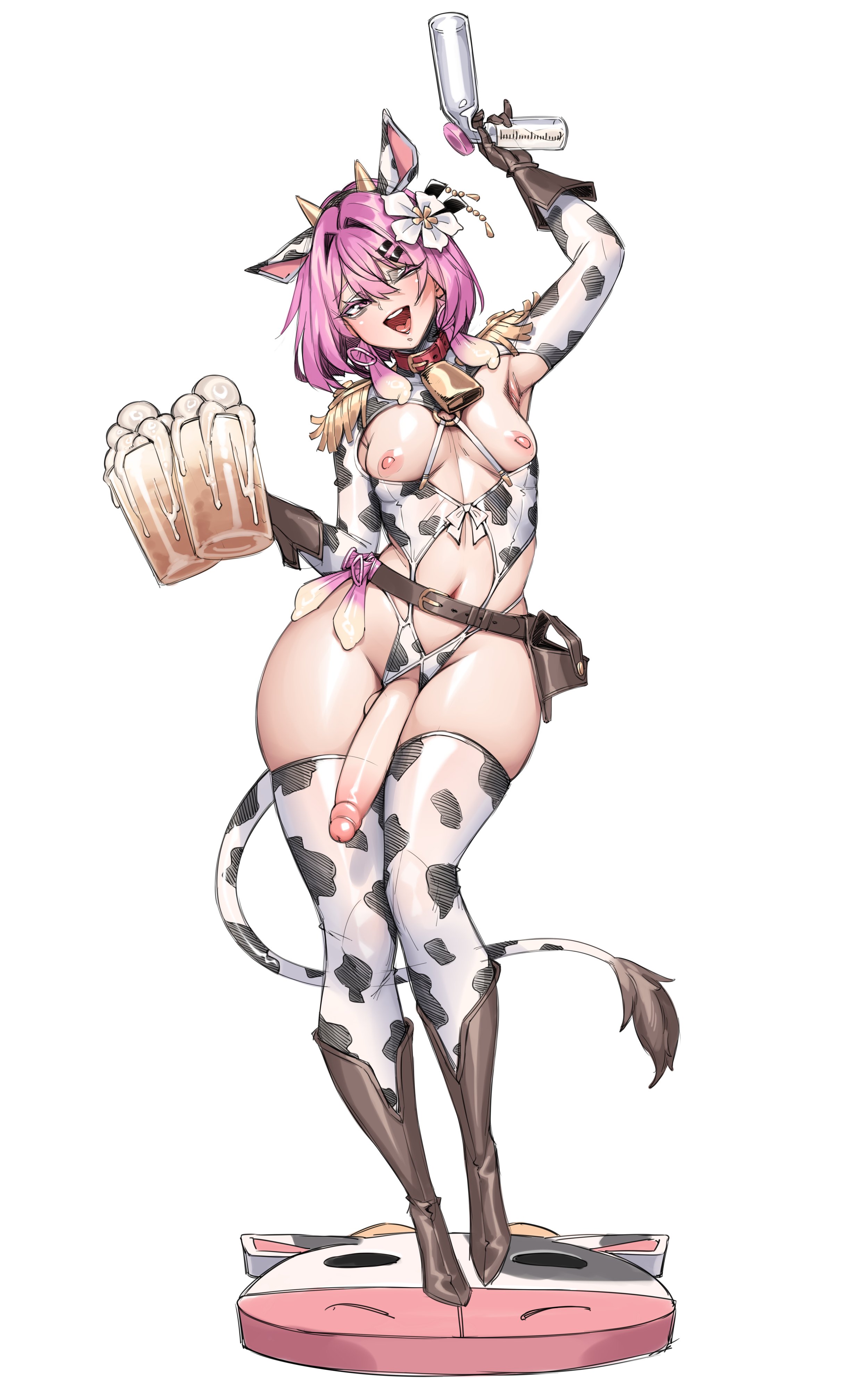 1futa, big penis, condom, cow ears, cow horns, cow print, cow tail, cowbell, cowboy boots, filled condom, foreskin, futanari, gloves, intersex, long penis, male, naidong, penis, pink eyes, pink hair, revealing clothes, riharu, thigh highs, thighhighs, trap, uncircumcised