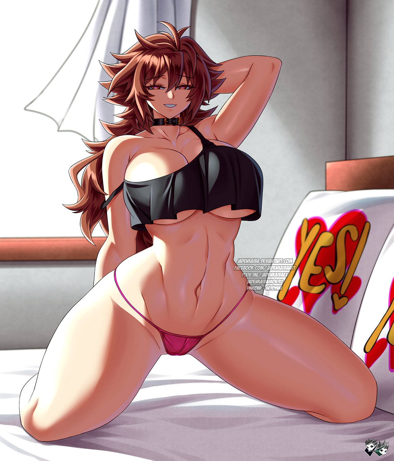 1girls, arm behind back, bed, belt collar, big breasts, breasts, brown hair, crop top, female, female only, grin, grinning at viewer, hand behind head, heart-shaped pupils, hi res, jadenkaiba, kneeling, kneeling on bed, long hair, looking at viewer, narrowed eyes, on bed, panties, red eyes, school fight, shaded, smiling, smiling at viewer, solo, thick thighs, underboob, yui rakkuza