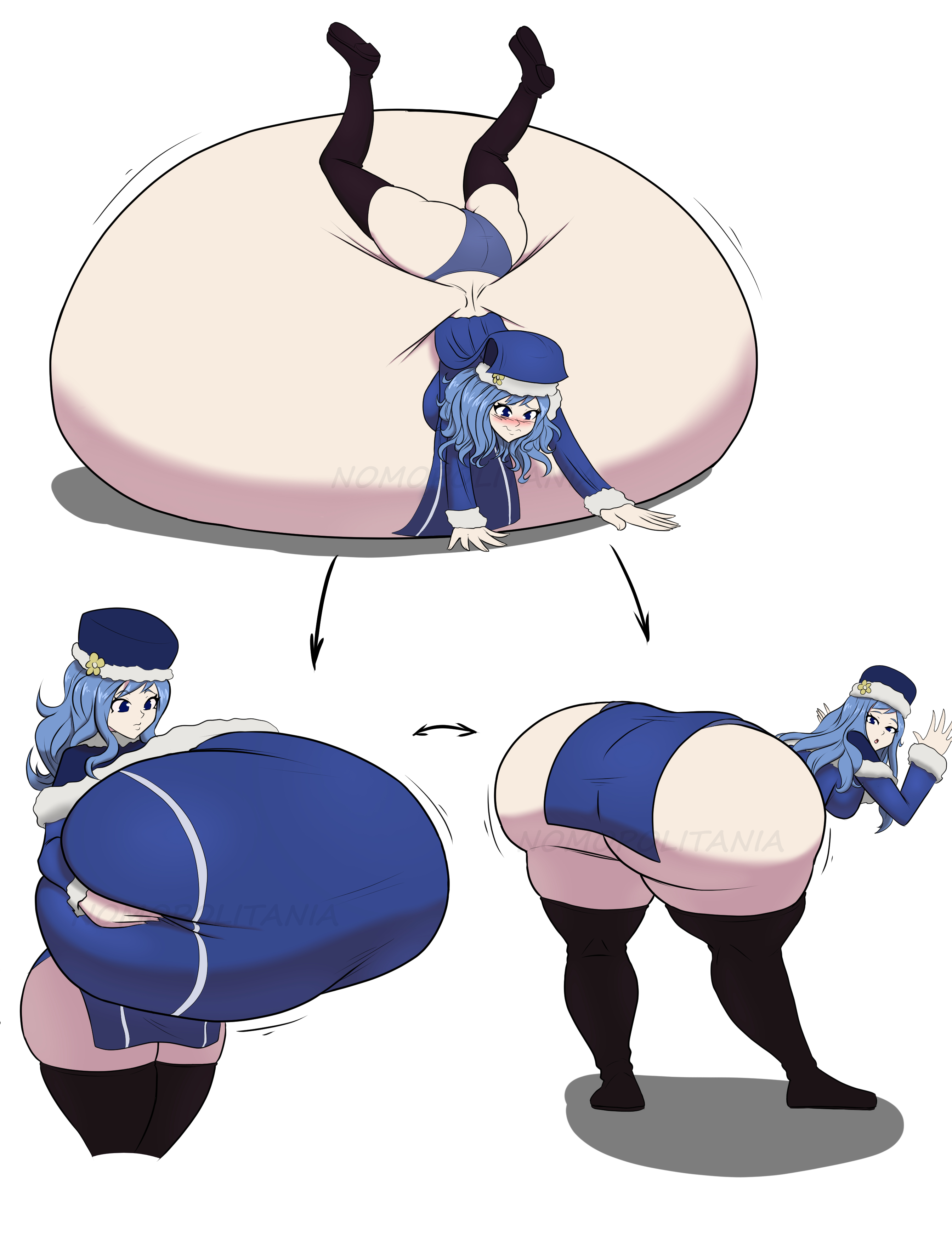 absorption vore, ass, ass body, ass expansion, big ass, big belly, big breasts, blue eyes, blue hair, breast expansion, breast growth, breast growth (enlargement), breast squeeze, breasts, breasts bigger than head, digestion, expansion, fairy tail, female, female pred, huge ass, huge breasts, juvia lockser, long hair, long legs, nomopolitainia, thick thighs, vore, weight gain
